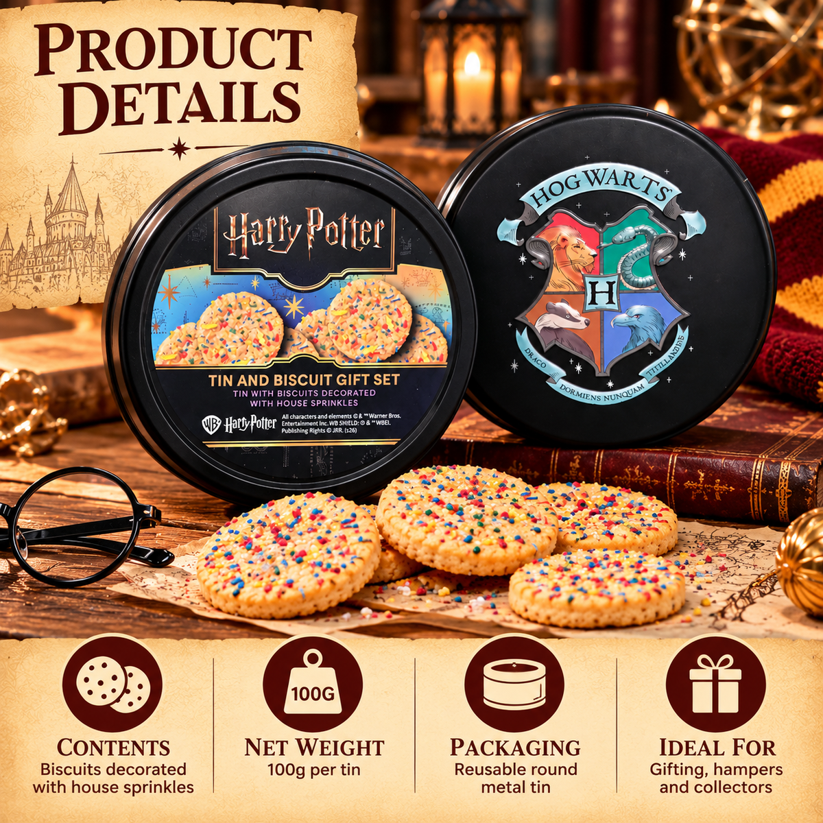 Harry Potter Biscuit Gift Tin 100g | Hogwarts House Sprinkles | Single or Pack of 2