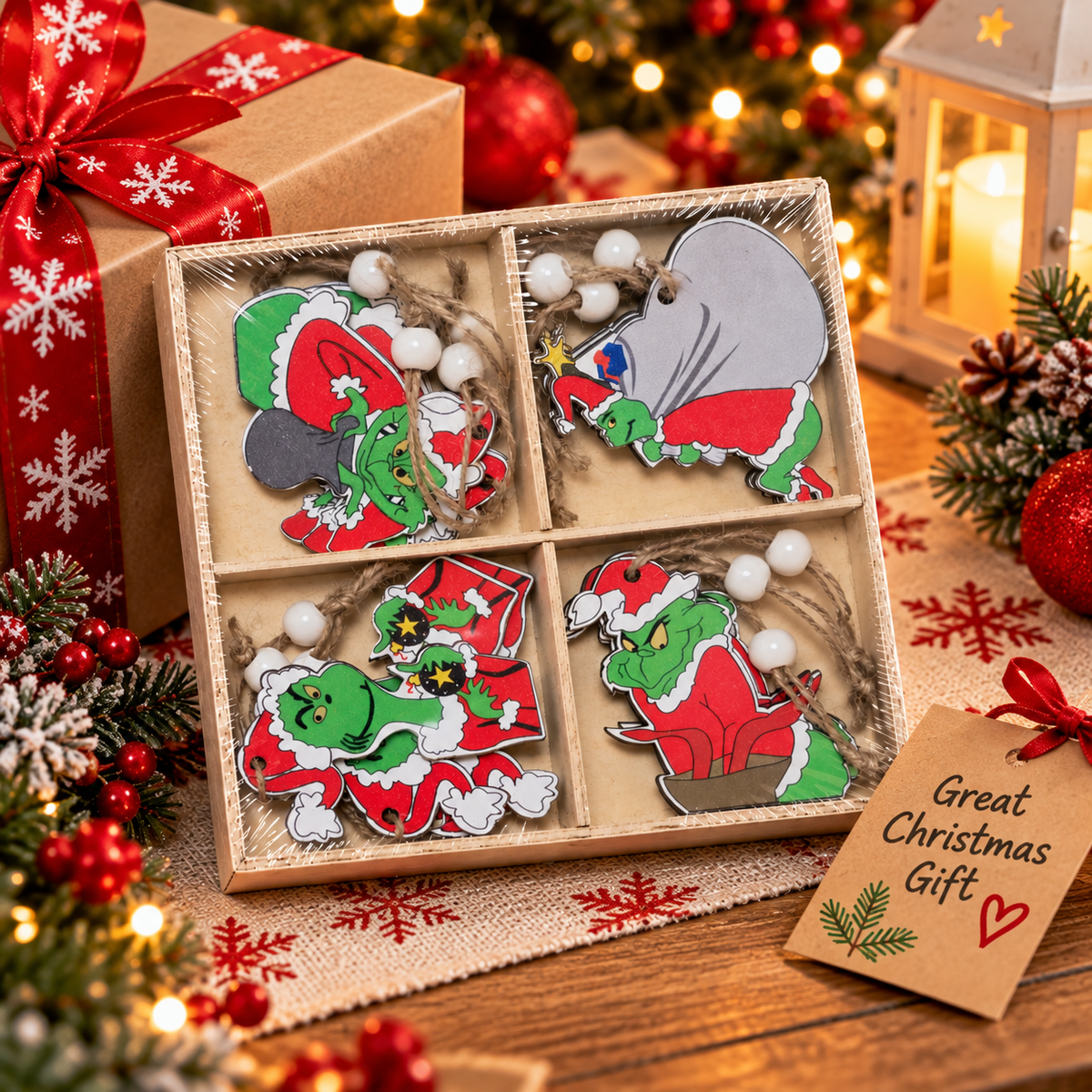 The Grinch Christmas Hanging Decorations with Twine Loops & White Beads – Assorted Festive Tree Ornaments