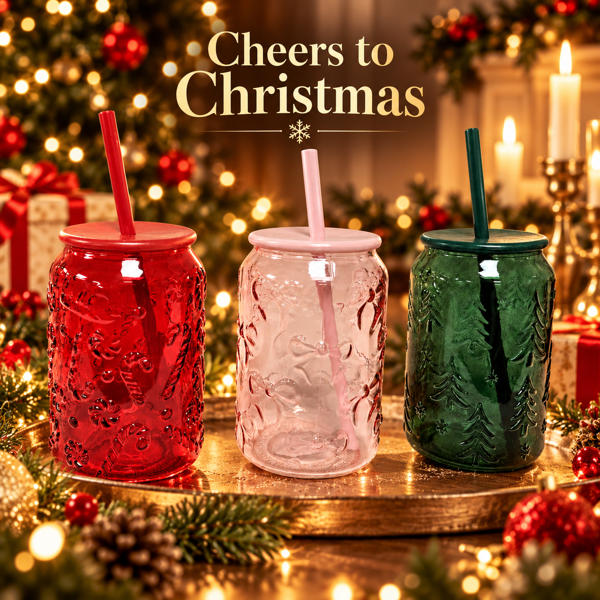 Pack of 3 Christmas Glass Tumblers with Lids & Straws Red Pink Green Festive Cups
