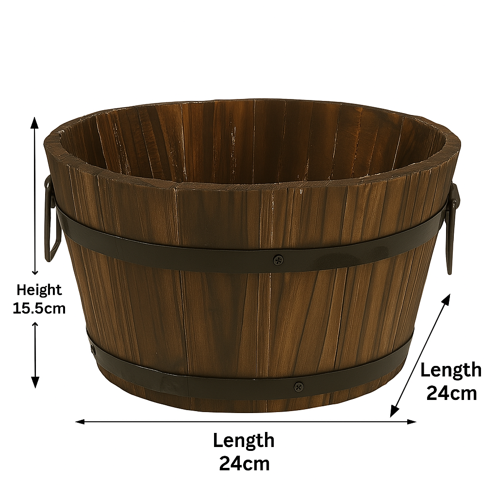 Pack of 2 Rustic Barrel-Style Planters – 24cm Round Brown Wooden-Look Garden Plant Pots