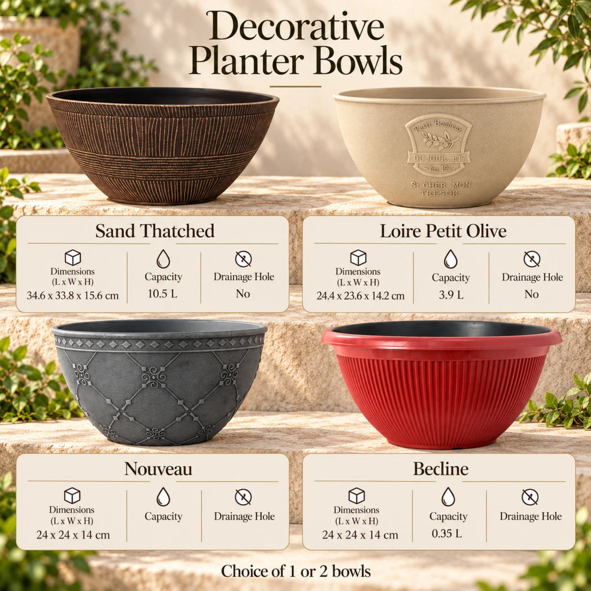 Decorative Garden Planter Bowls | 4 Designs | Single or Twin Pack