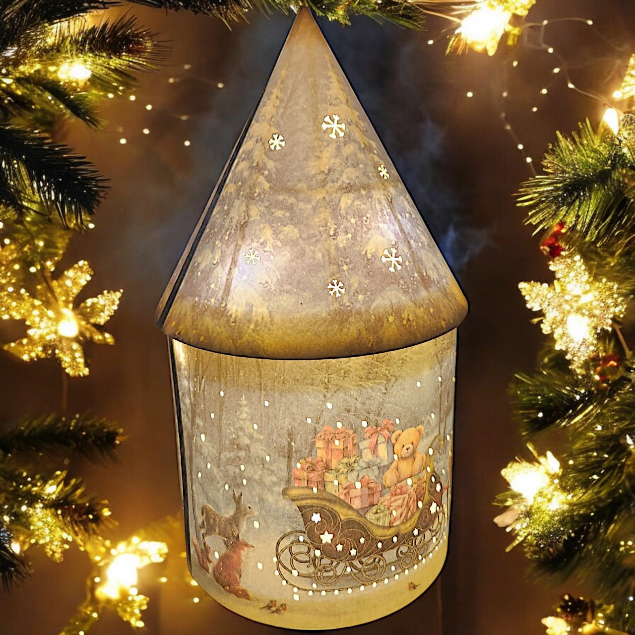 Solar Christmas Light Up Cone House LED Ornament 27cm Festive Lamp