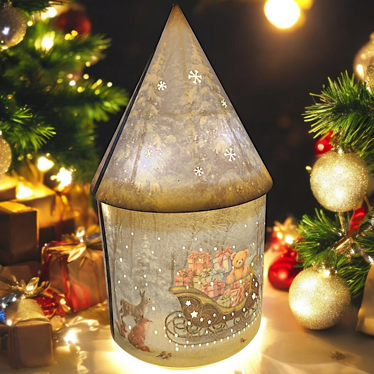 Solar Christmas Light Up Cone House LED Ornament 27cm Festive Lamp