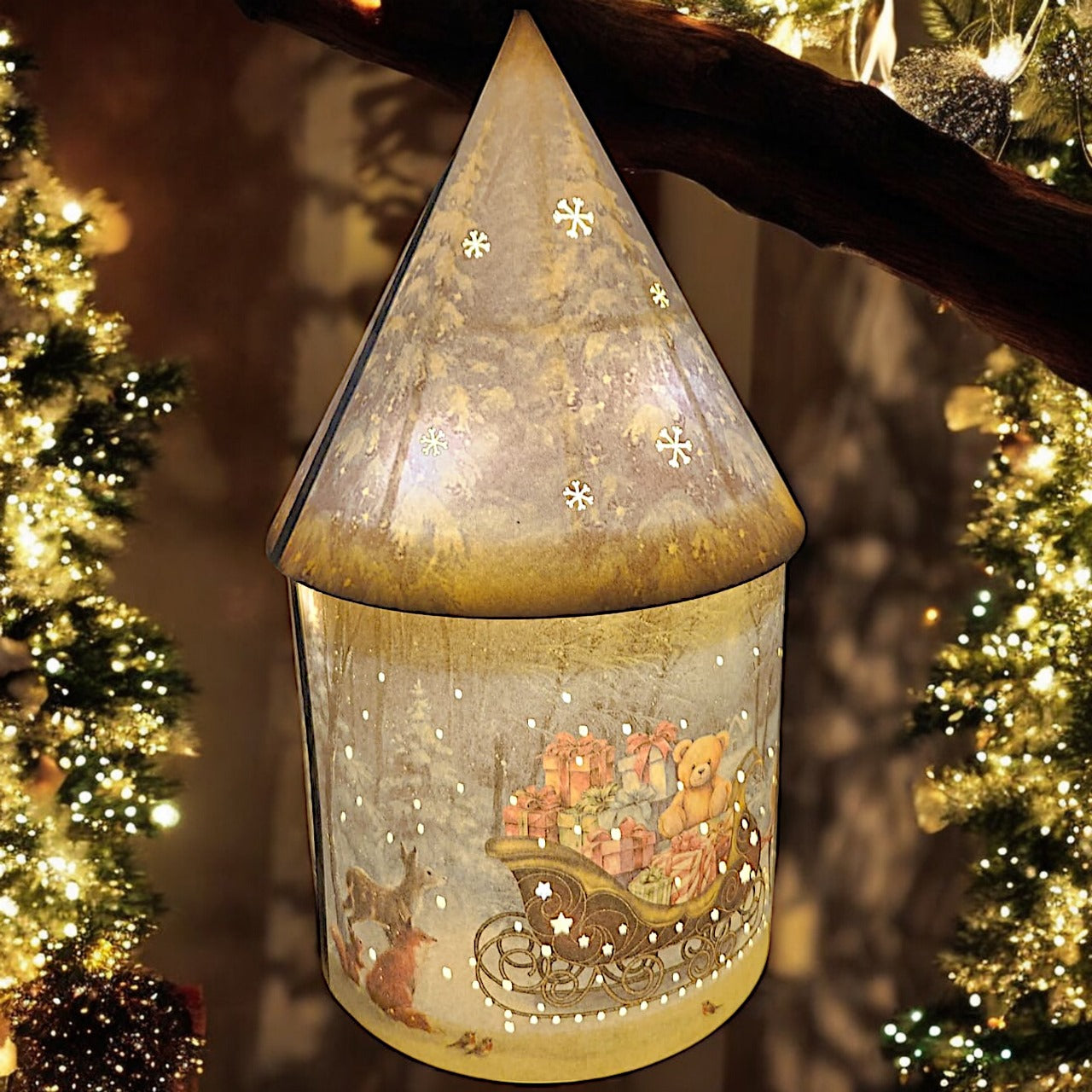 Solar Christmas Light Up Cone House LED Ornament 27cm Festive Lamp