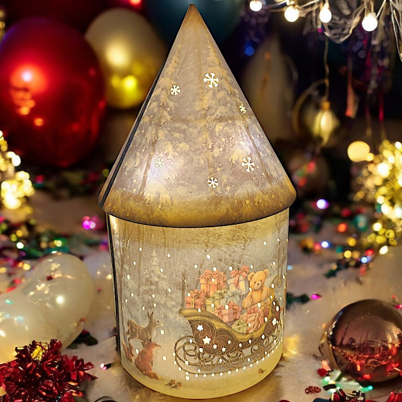 Solar Christmas Light Up Cone House LED Ornament 27cm Festive Lamp
