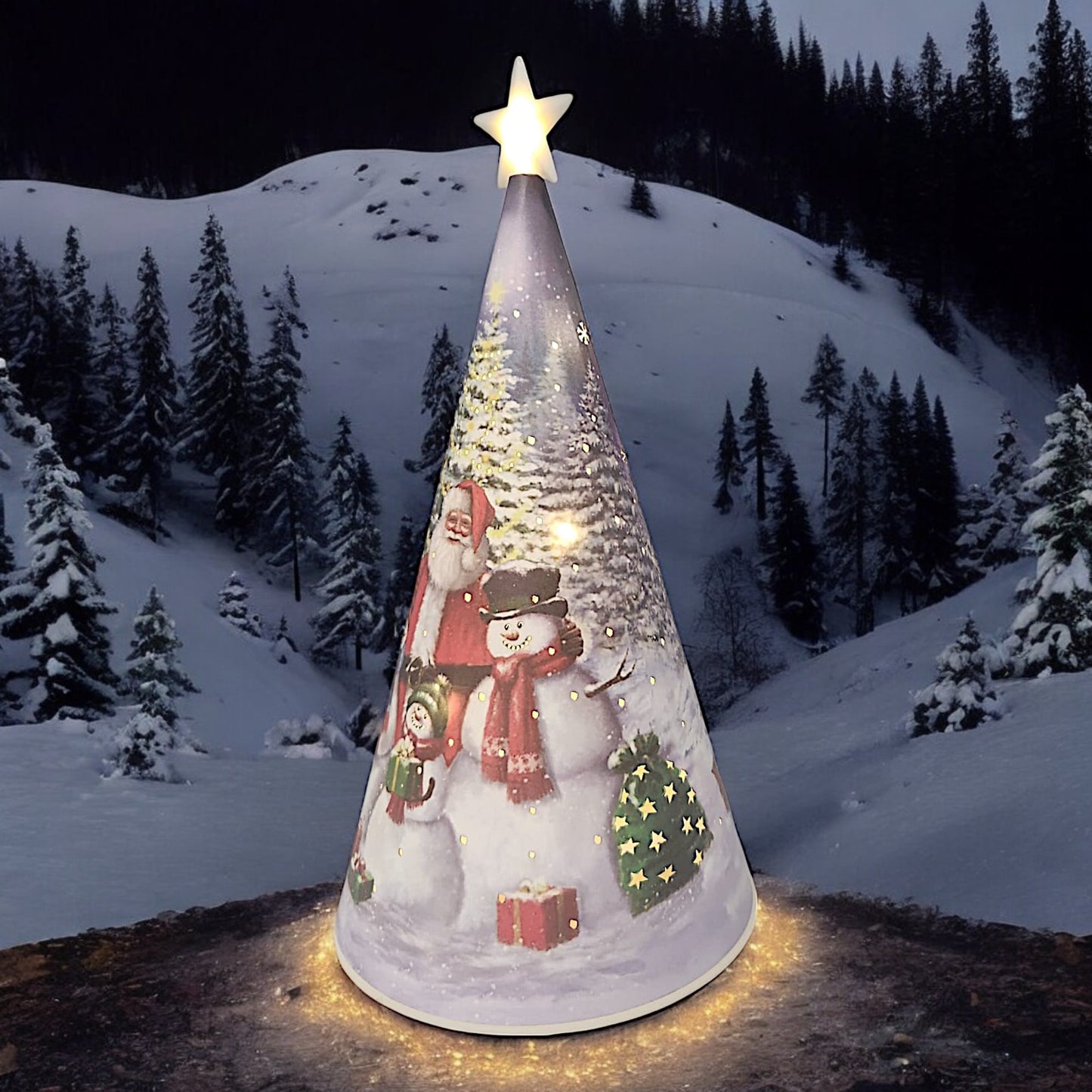 LED Christmas Tree Nightlight with Santa and Snowman Scene