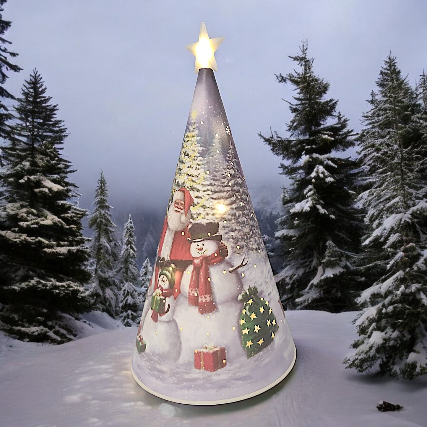 LED Christmas Tree Nightlight with Santa and Snowman Scene