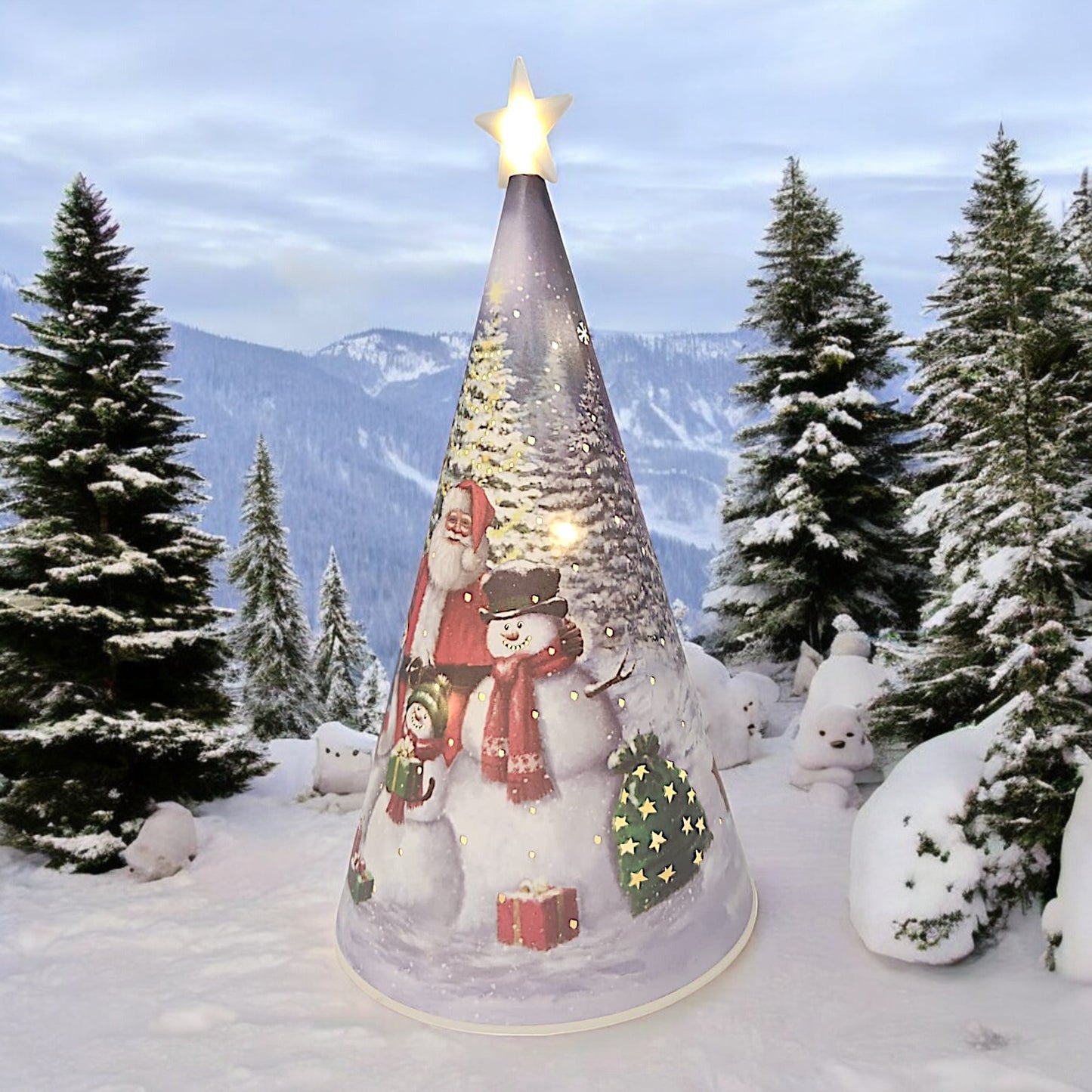 LED Christmas Tree Nightlight with Santa and Snowman Scene