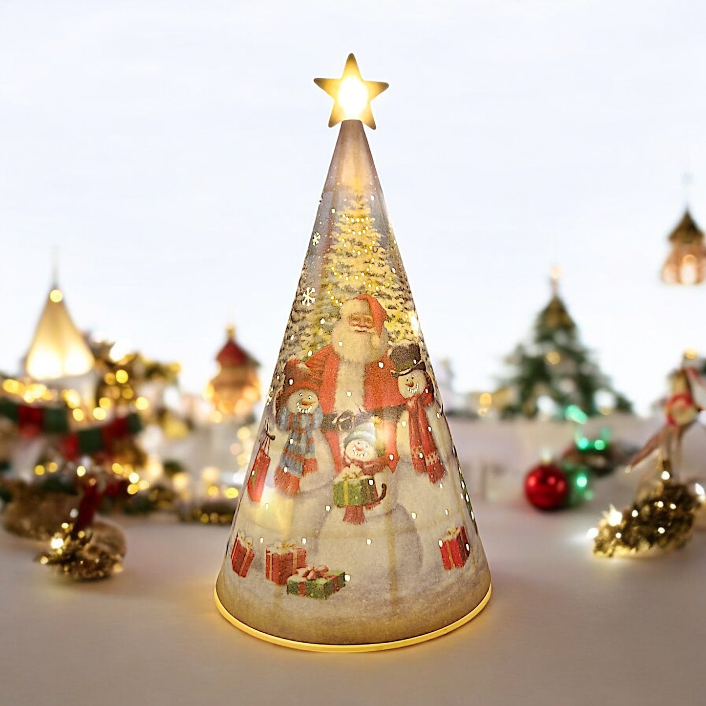 LED Christmas Tree Nightlight with Santa and Snowman Scene