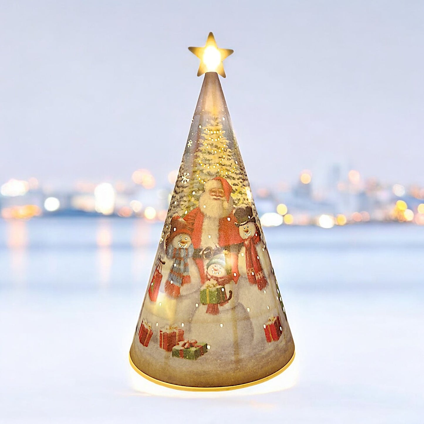 LED Christmas Tree Nightlight with Santa and Snowman Scene