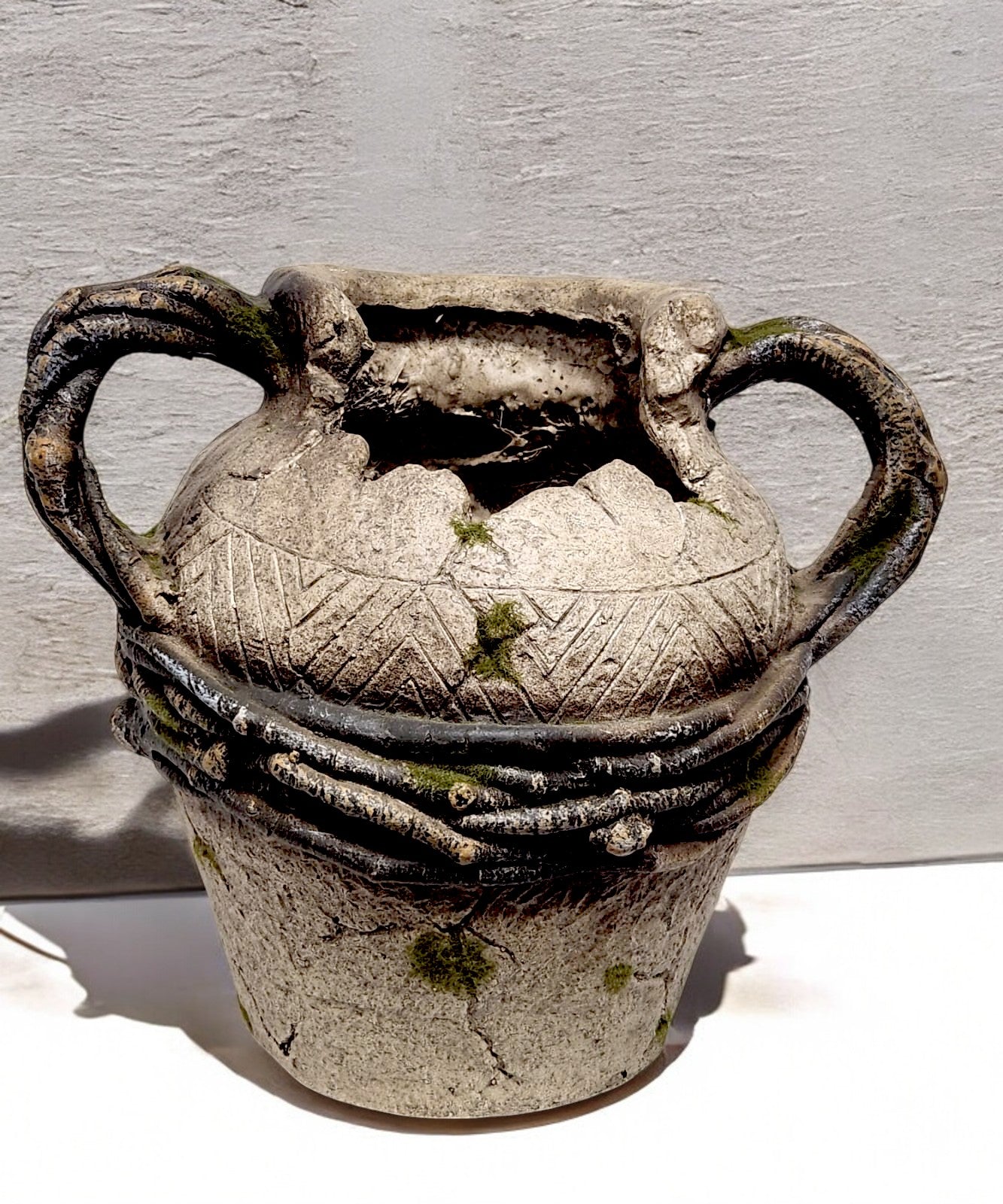 Enchanted urn pot with handle Rustic Broken Style Antique Vase Vintage Garden & Home Décor Aged Pot with Vine Detailing