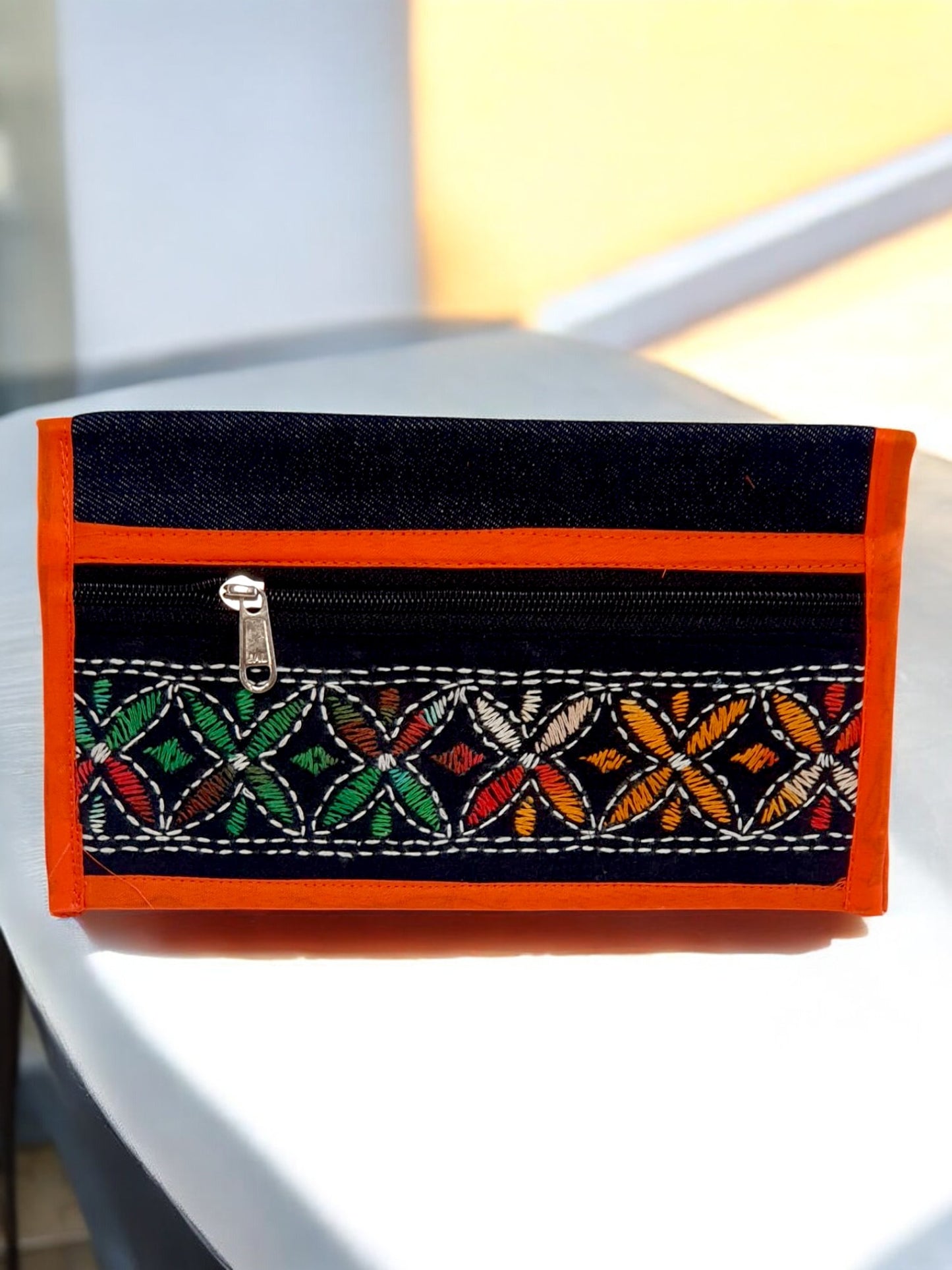 Handmade Embroidered Wallet | Ethnic Cotton Clutch Purse with Zip & Velcro Closure