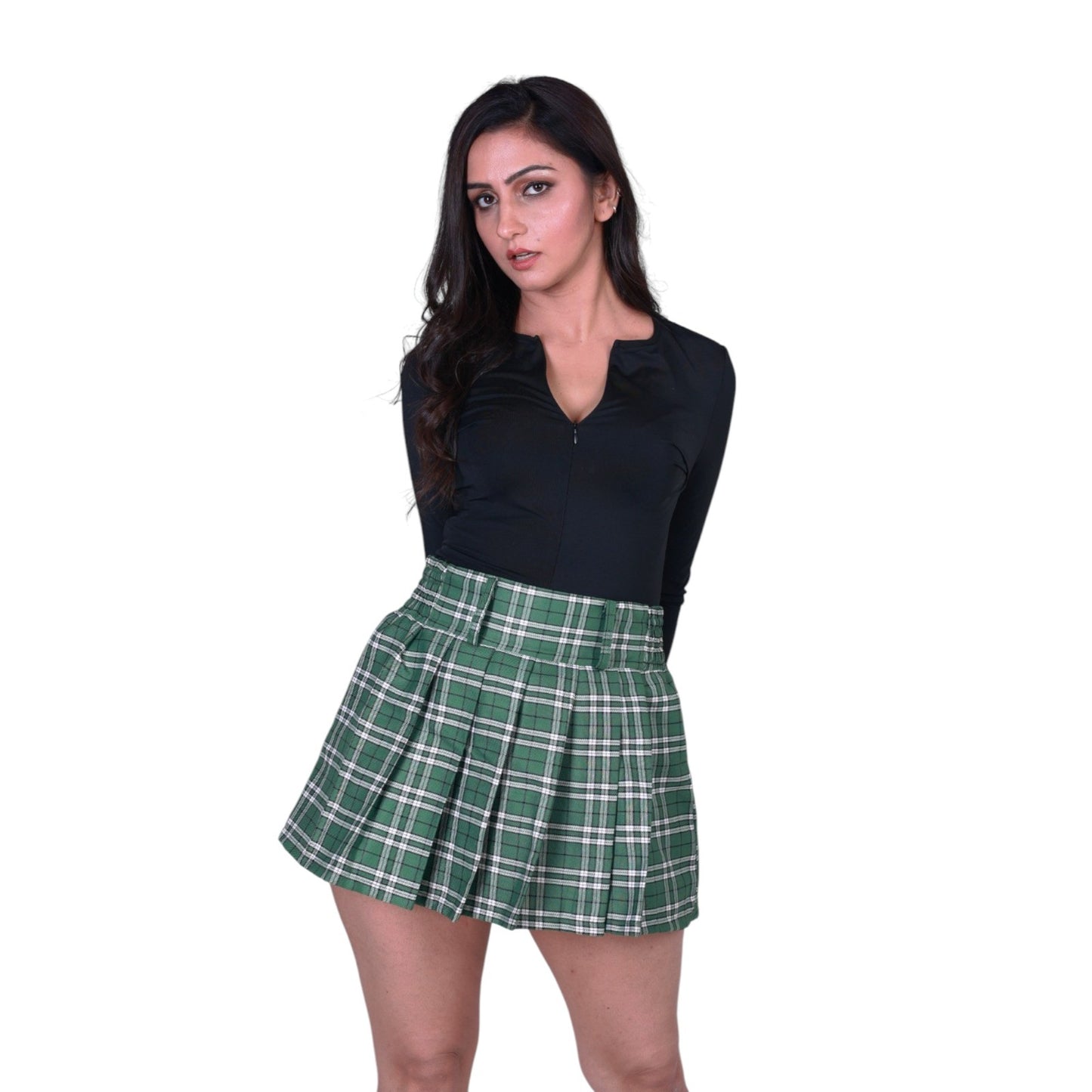 Green Tartan Pleated Mini Skirt – High Waist, Stylish & Comfortable
