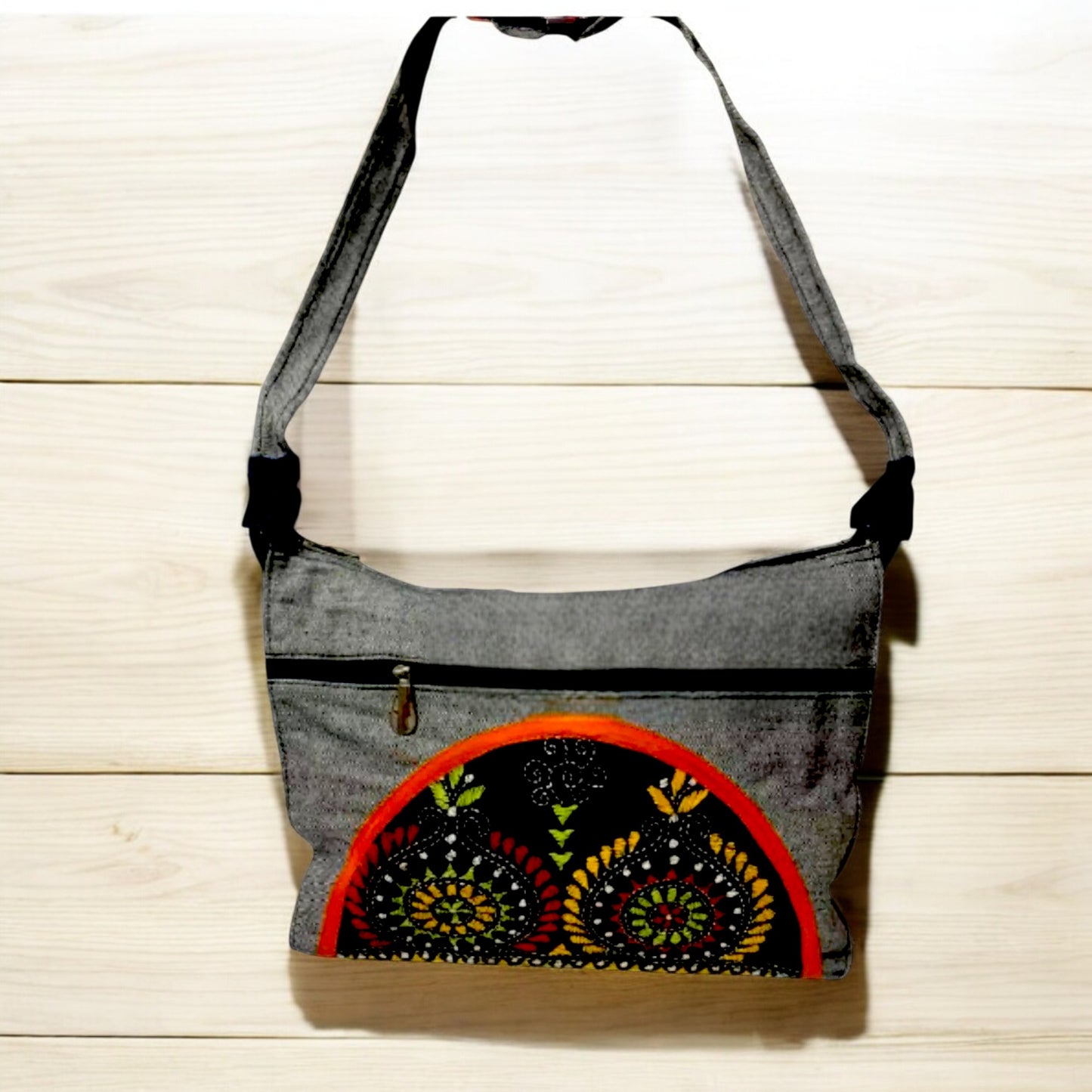 Handmade Embroidered Crossbody Shoulder Bag – Grey & Multi-Colour