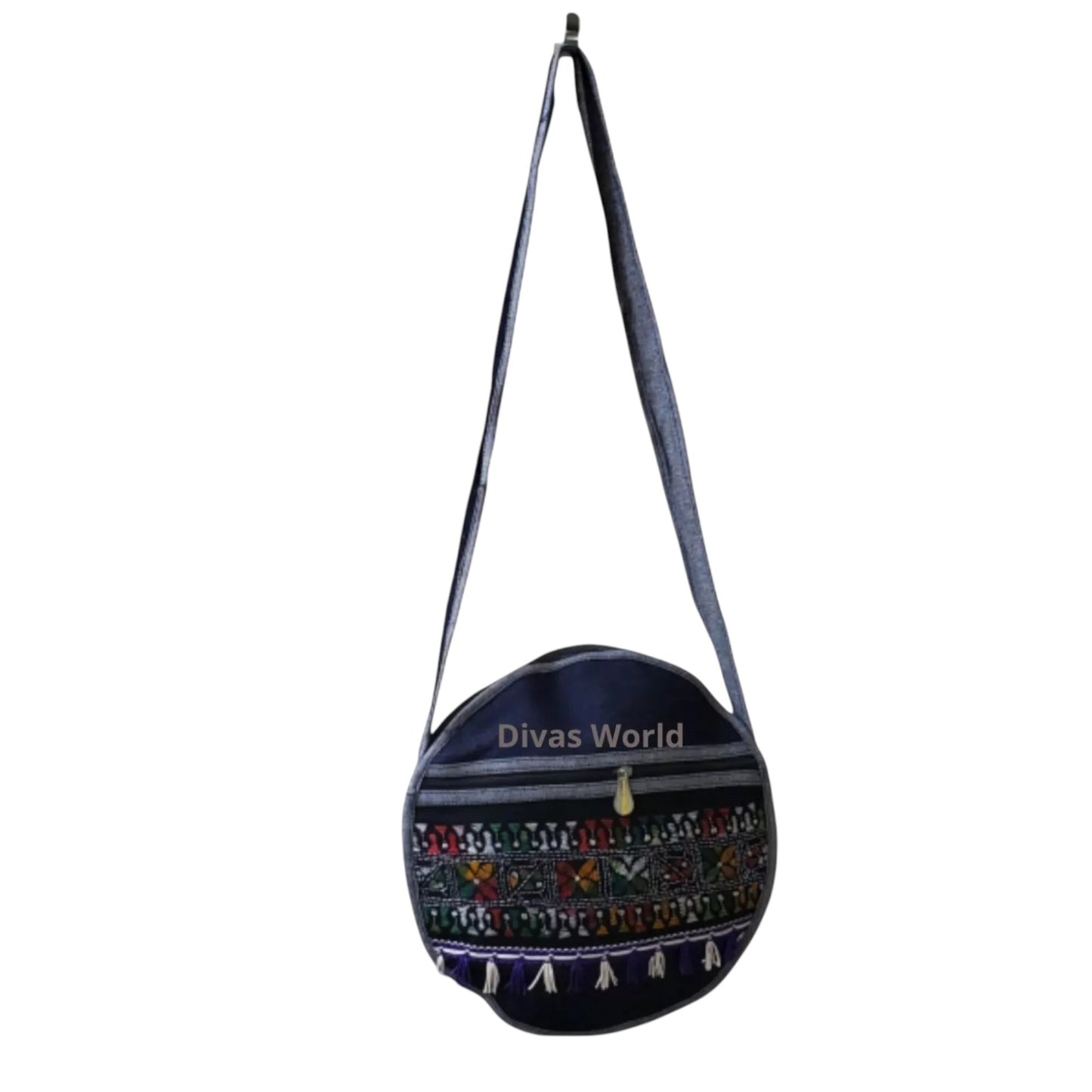 Handmade Round Denim Crossbody Bag | Boho Ethnic Embroidered Sling Bag | Multi-Zip Shoulder Purse