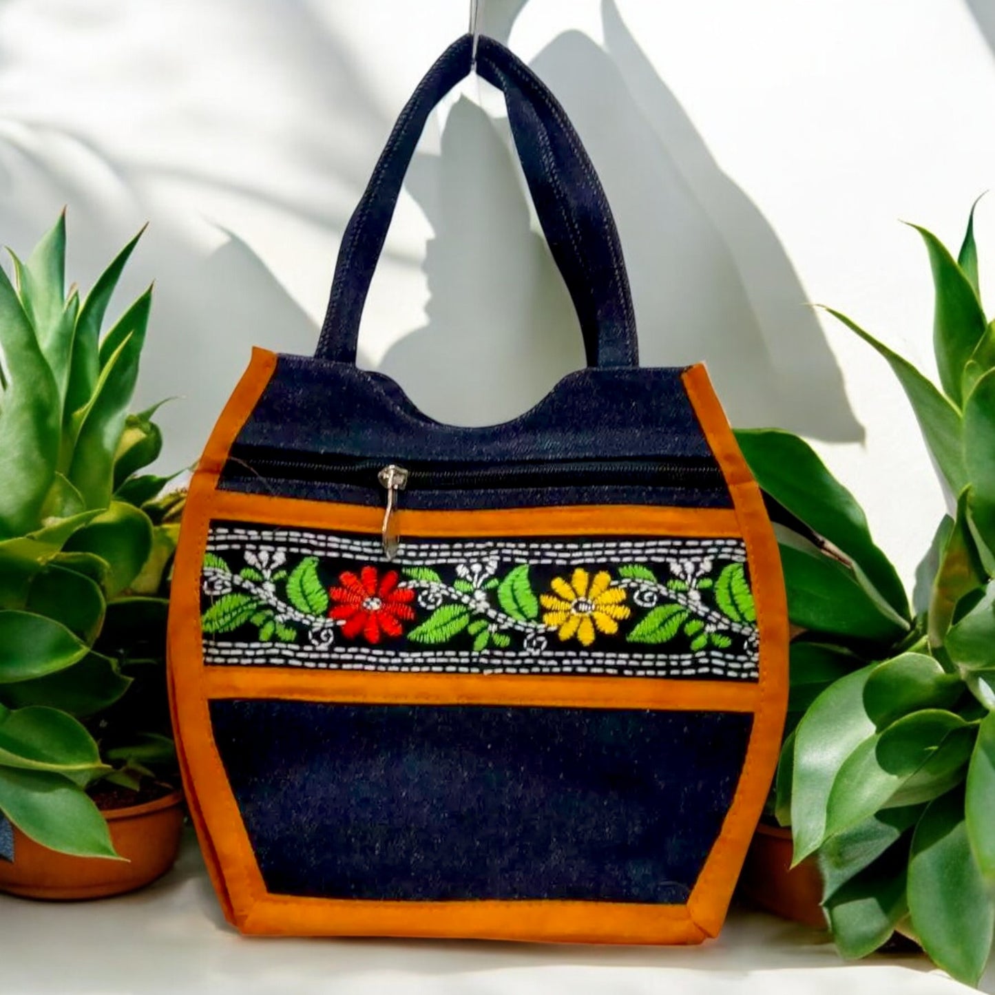 Handcrafted Denim Embroidered Handbag – Compact & Stylish with Multiple Zips