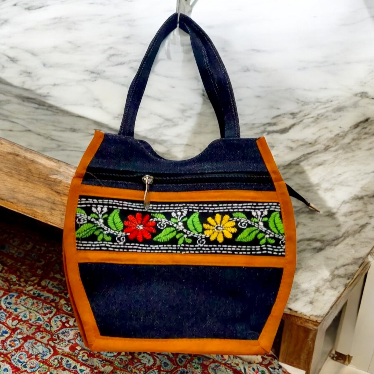 Handcrafted Denim Embroidered Handbag – Compact & Stylish with Multiple Zips