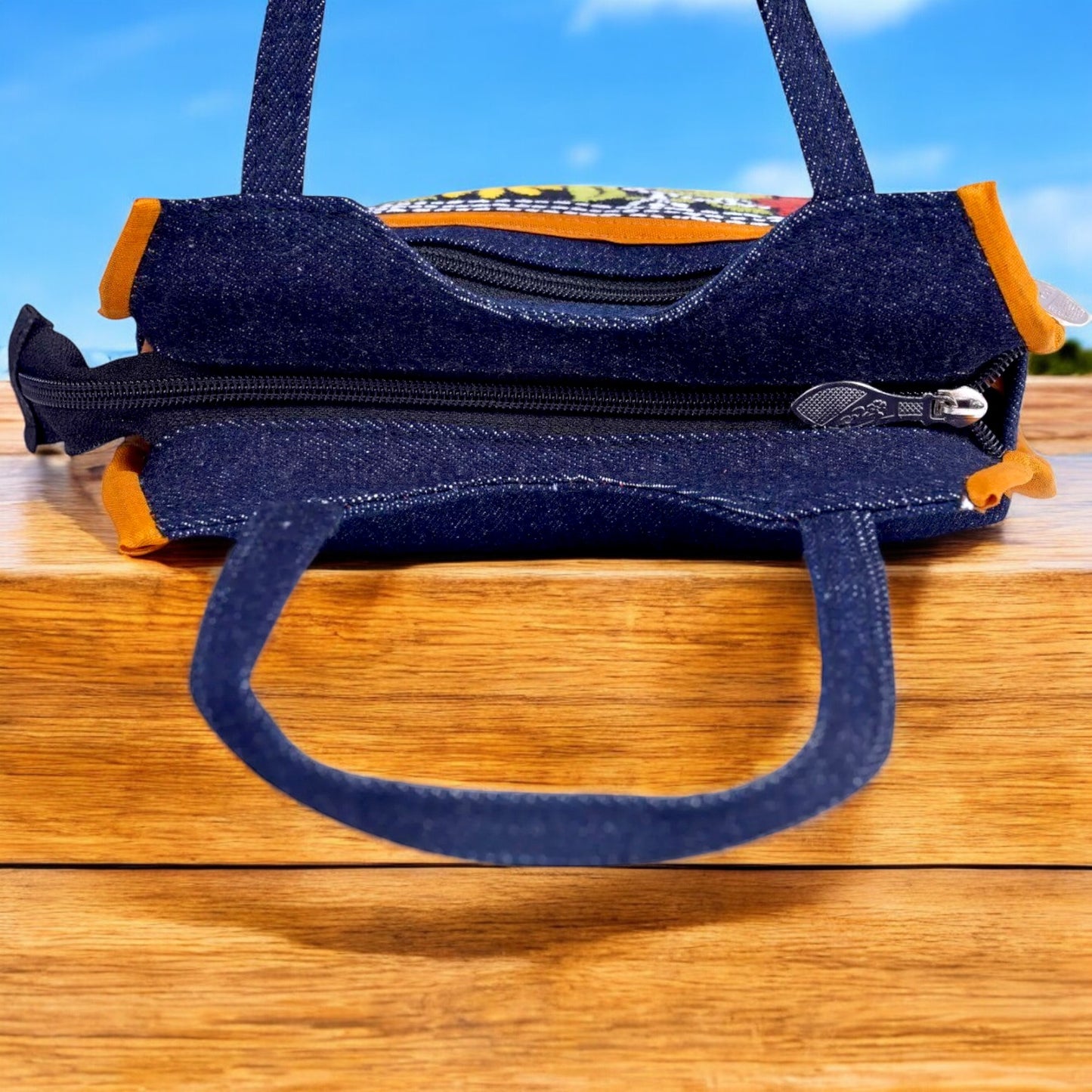 Handcrafted Denim Embroidered Handbag – Compact & Stylish with Multiple Zips