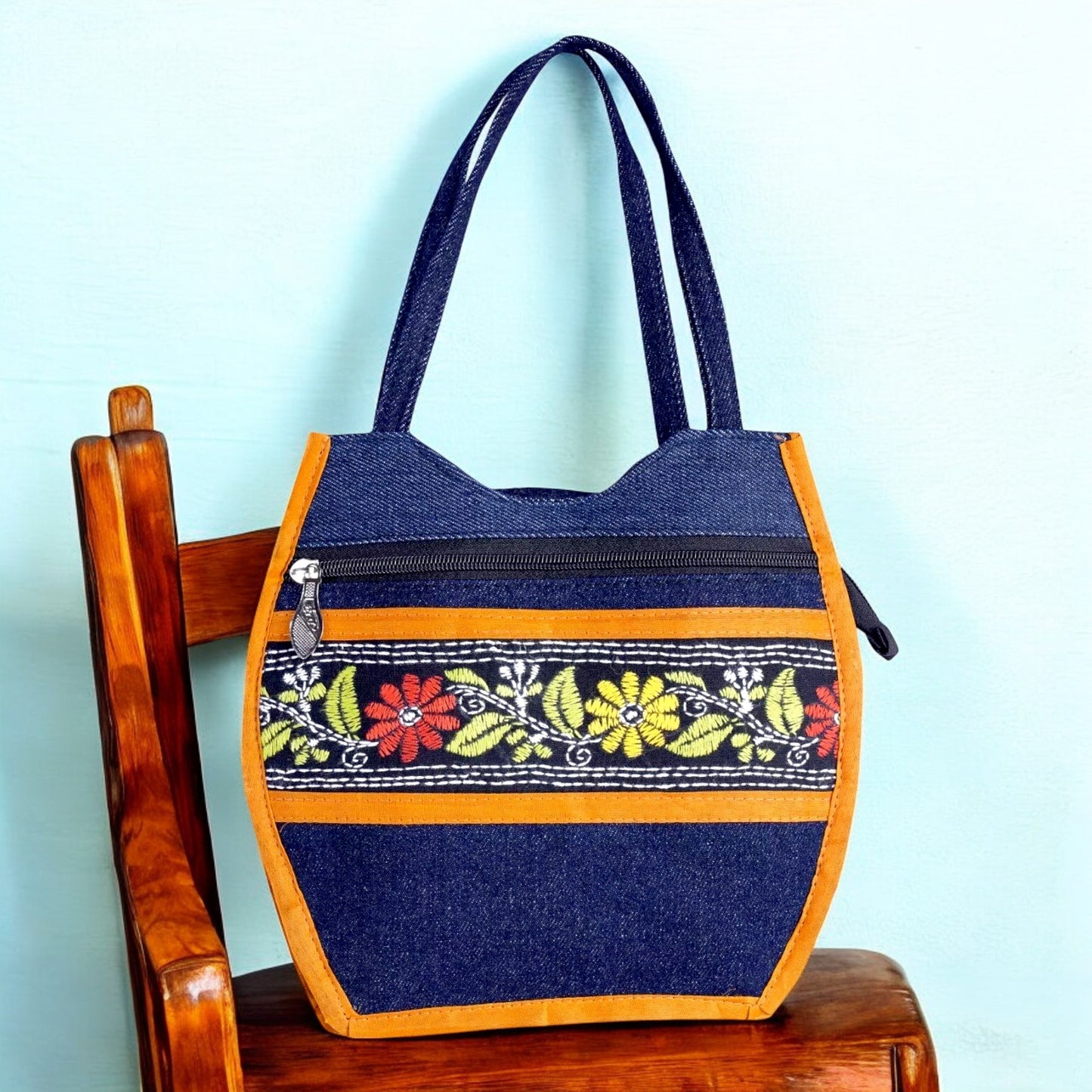 Handcrafted Denim Embroidered Handbag – Compact & Stylish with Multiple Zips