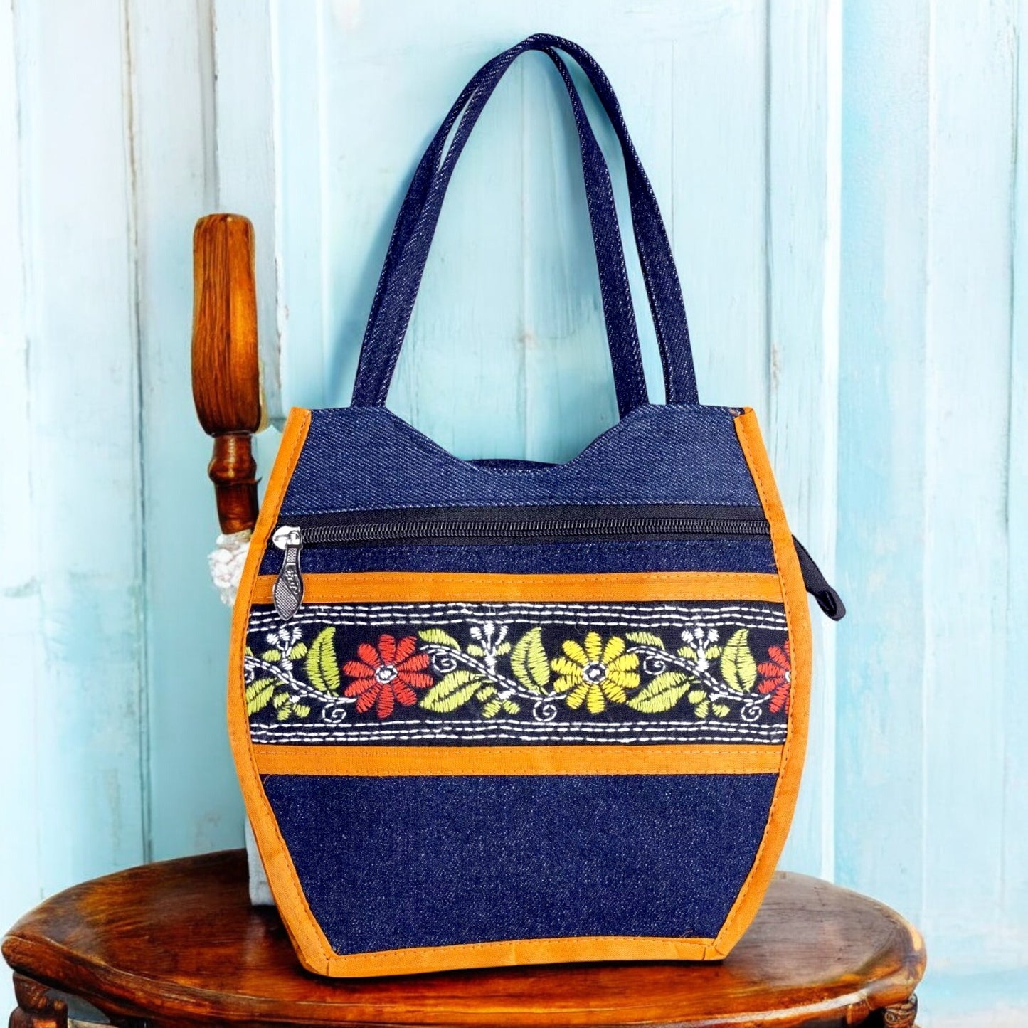 Handcrafted Denim Embroidered Handbag – Compact & Stylish with Multiple Zips