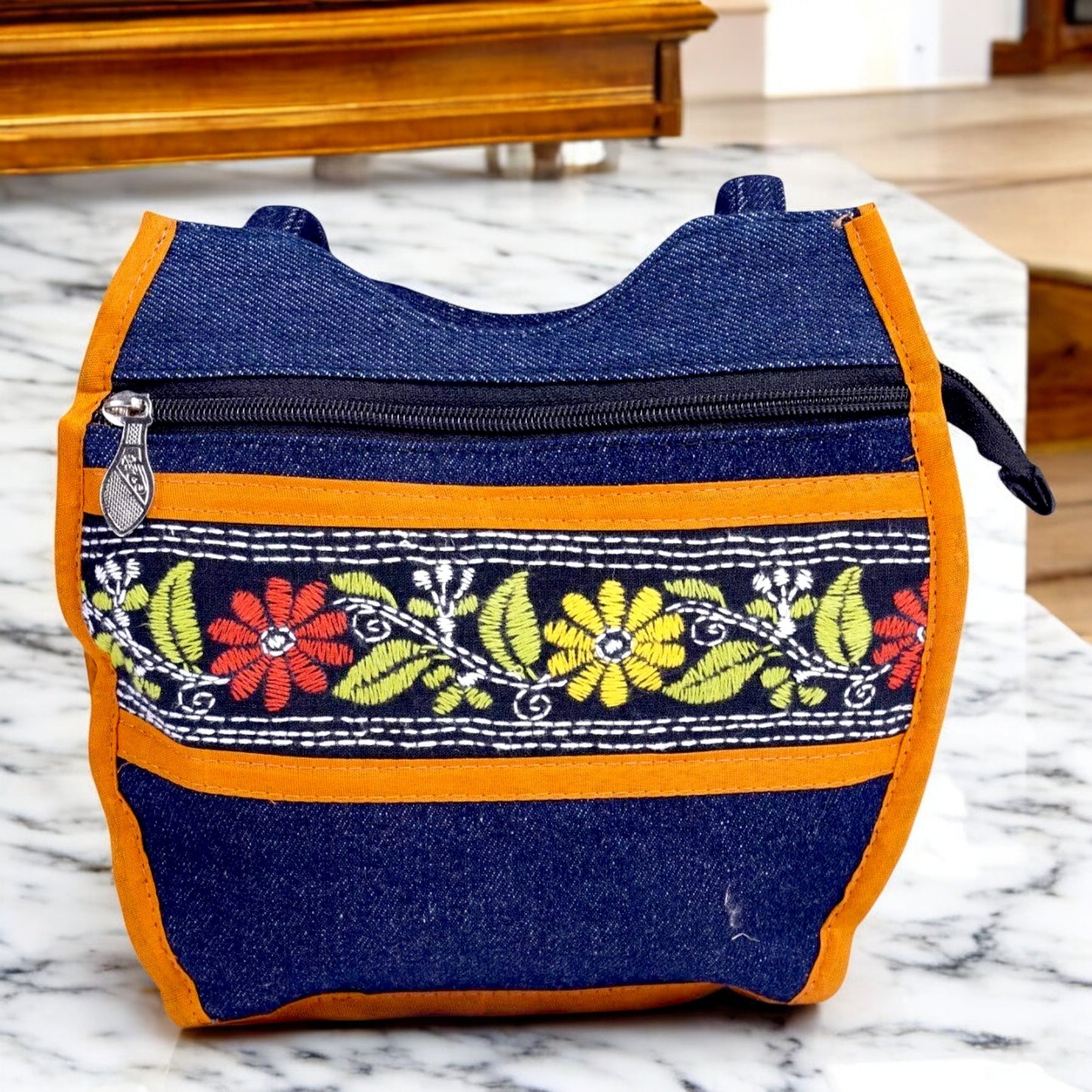 Handcrafted Denim Embroidered Handbag – Compact & Stylish with Multiple Zips
