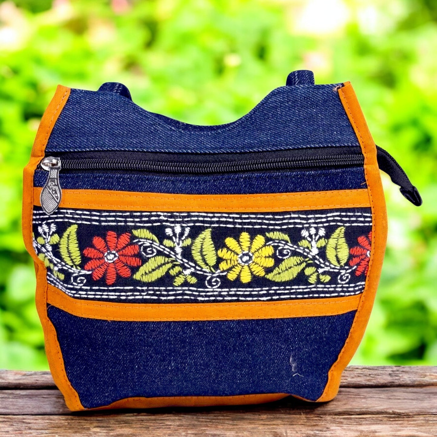 Handcrafted Denim Embroidered Handbag – Compact & Stylish with Multiple Zips