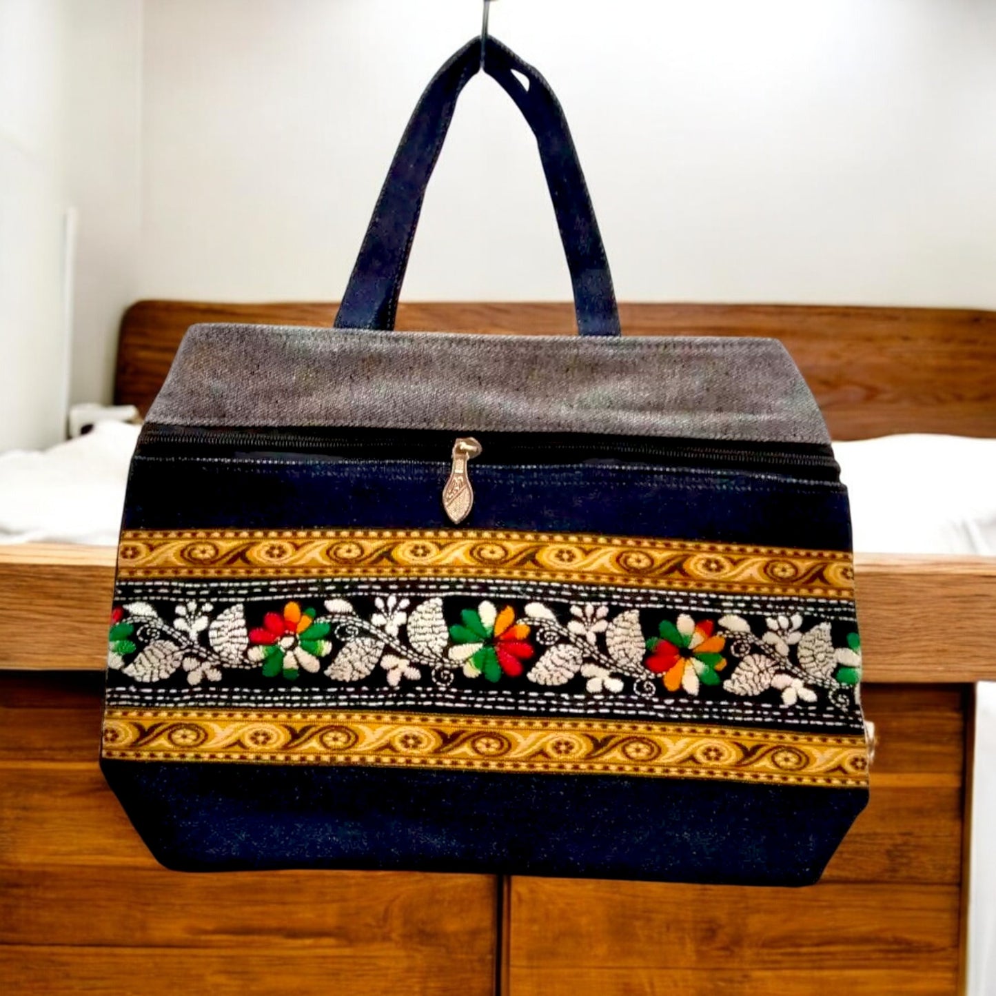 Handmade Denim Embroidered Shoulder Bag – 3 Zips