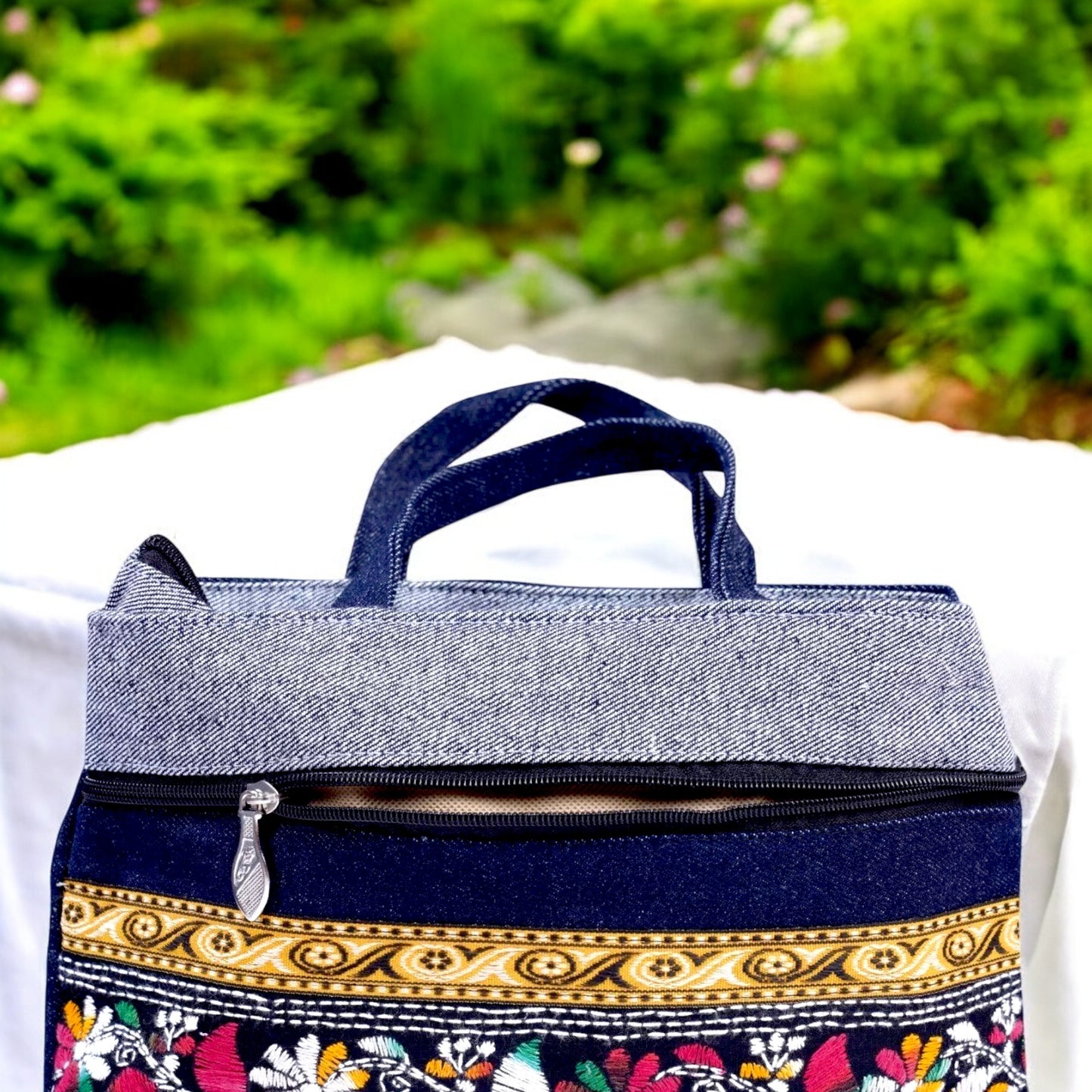 Handmade Denim Embroidered Shoulder Bag – 3 Zips
