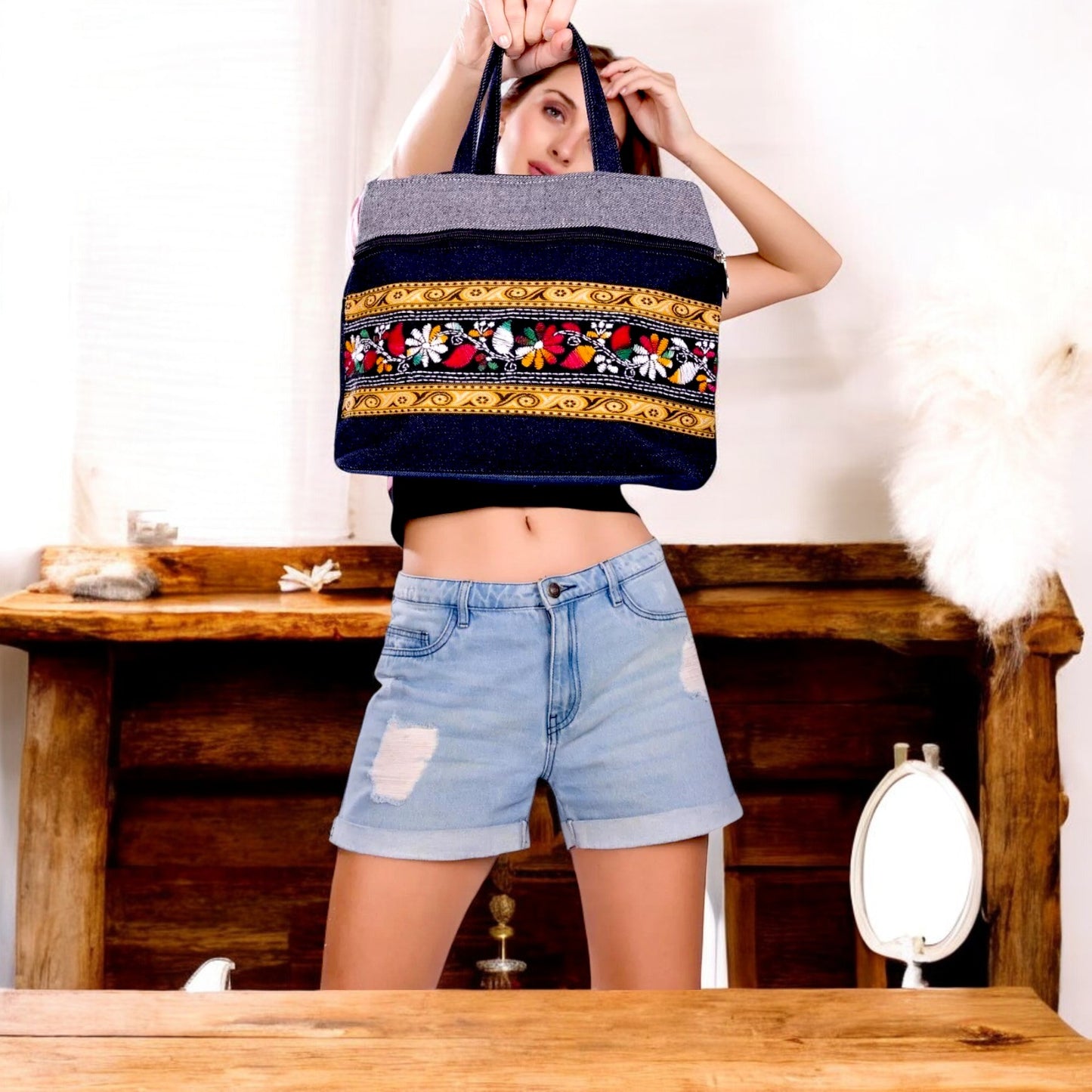 Handmade Denim Embroidered Shoulder Bag – 3 Zips