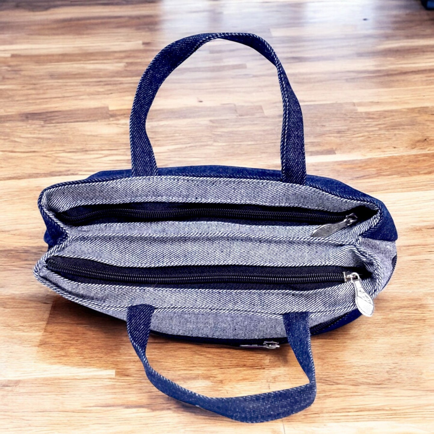 Handmade Denim Embroidered Shoulder Bag – 3 Zips