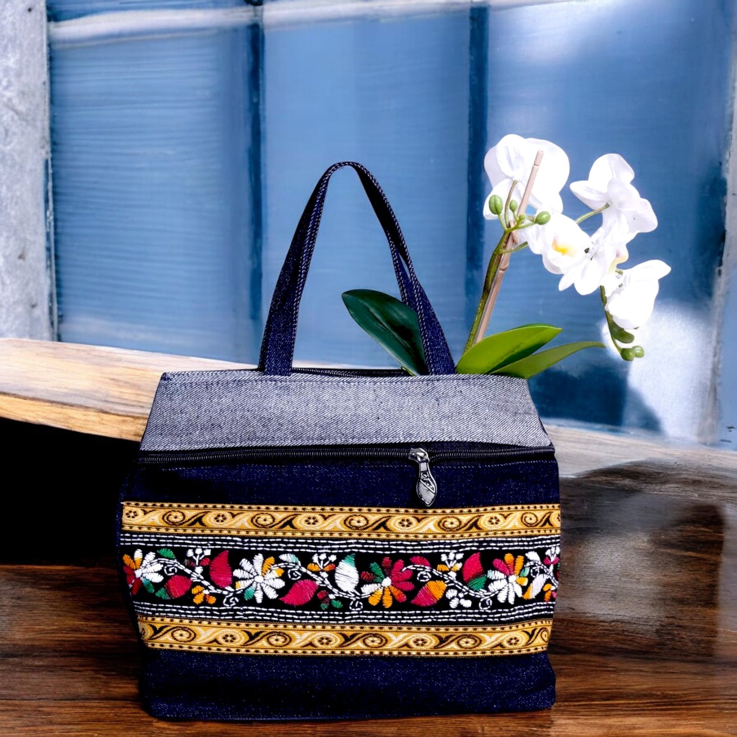 Handmade Denim Embroidered Shoulder Bag – 3 Zips