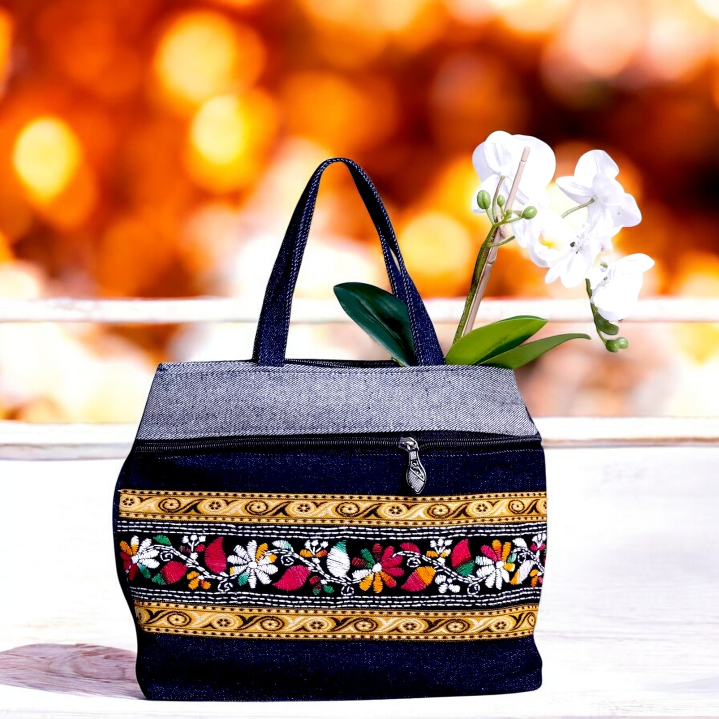 Handmade Denim Embroidered Shoulder Bag – 3 Zips