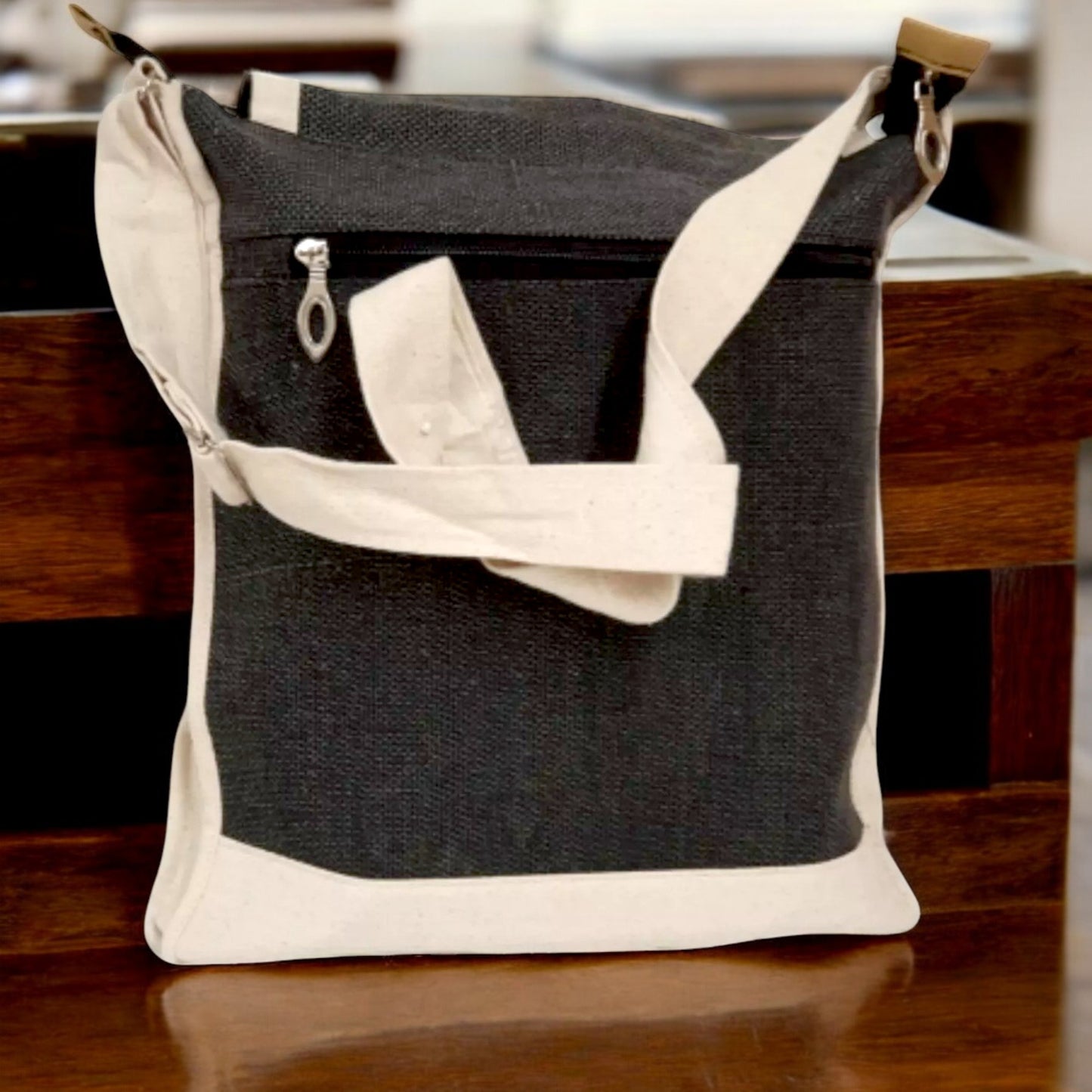 Handmade Black & Beige Canvas Shoulder Bag – Eco-Friendly Crossbody with Adjustable Strap
