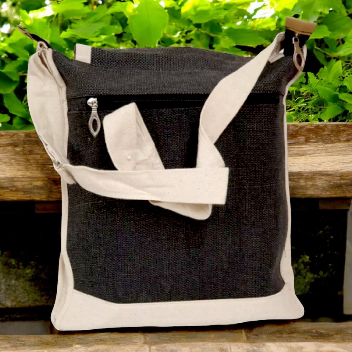 Handmade Black & Beige Canvas Shoulder Bag – Eco-Friendly Crossbody with Adjustable Strap