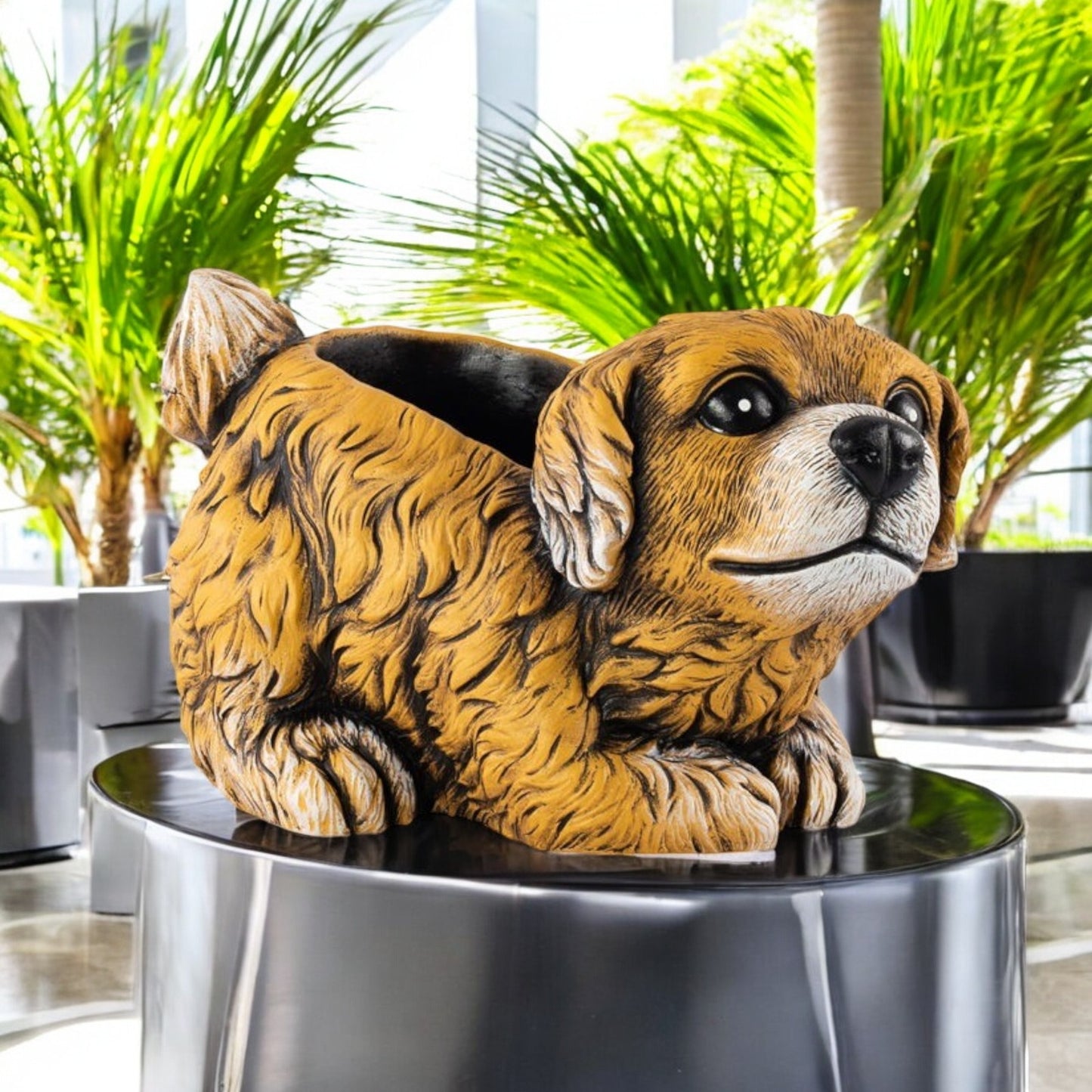 Cement Puppy Dog Planter – Medium, Large or Combo Set – Brown Garden Plant Pot
