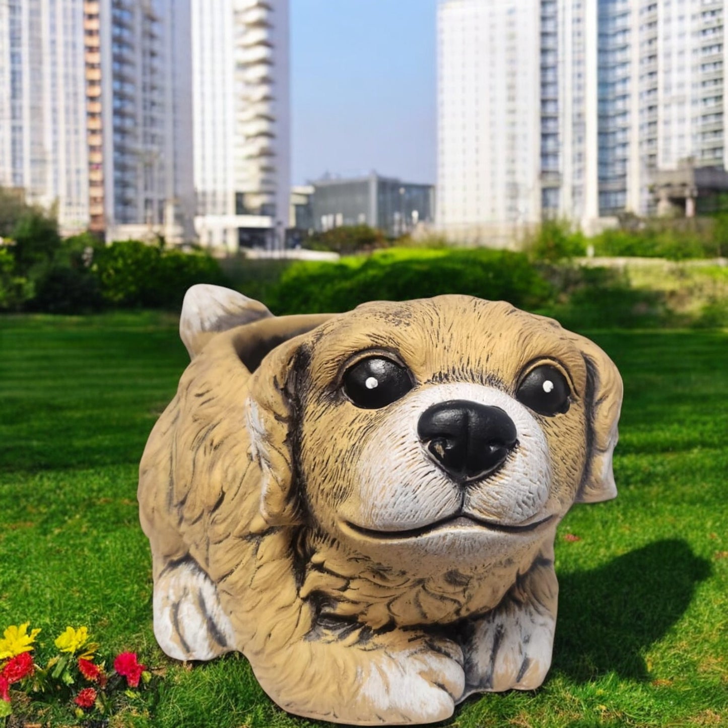 Cement Puppy Dog Planter – Medium, Large or Combo Set – Brown Garden Plant Pot