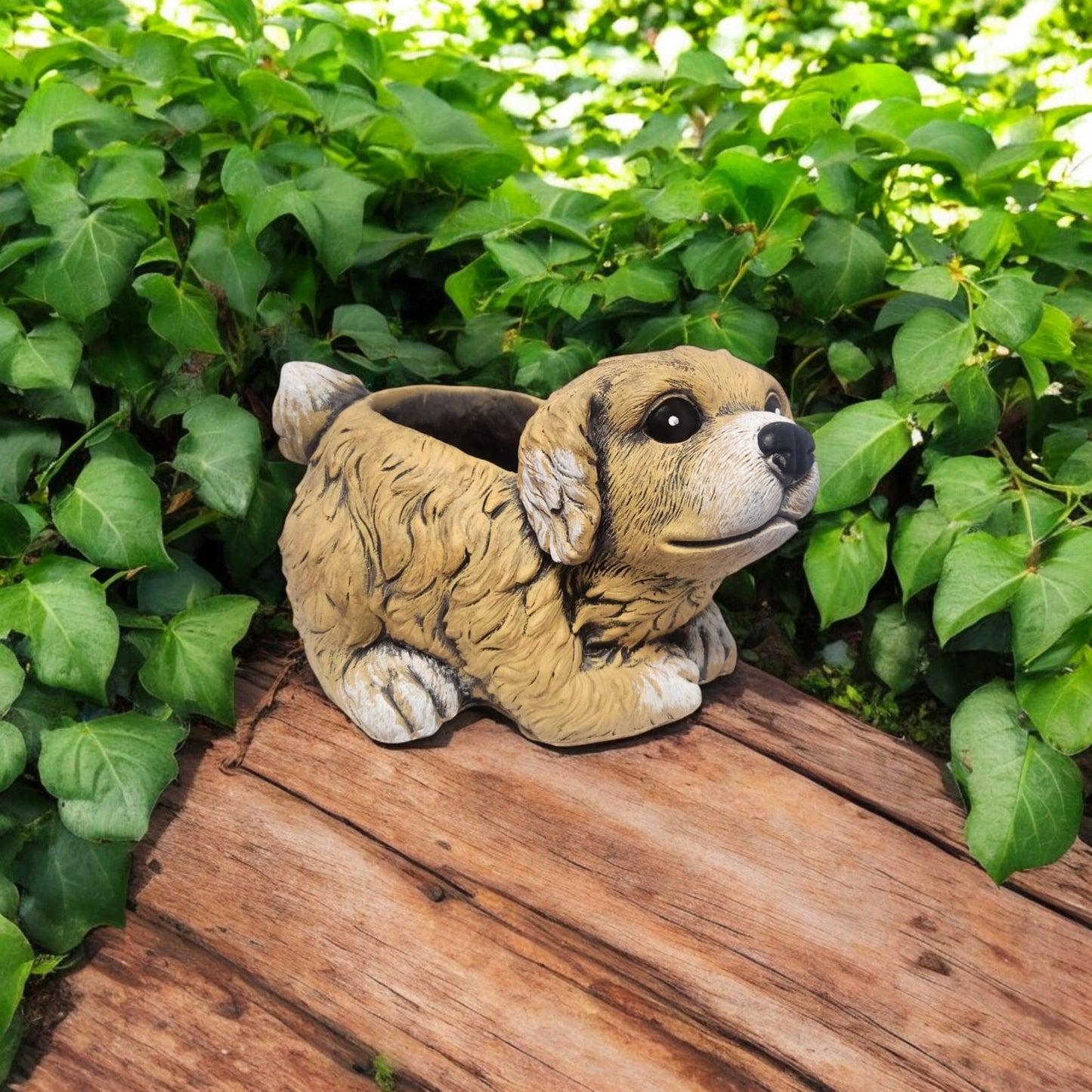 Cement Puppy Dog Planter – Medium, Large or Combo Set – Brown Garden Plant Pot