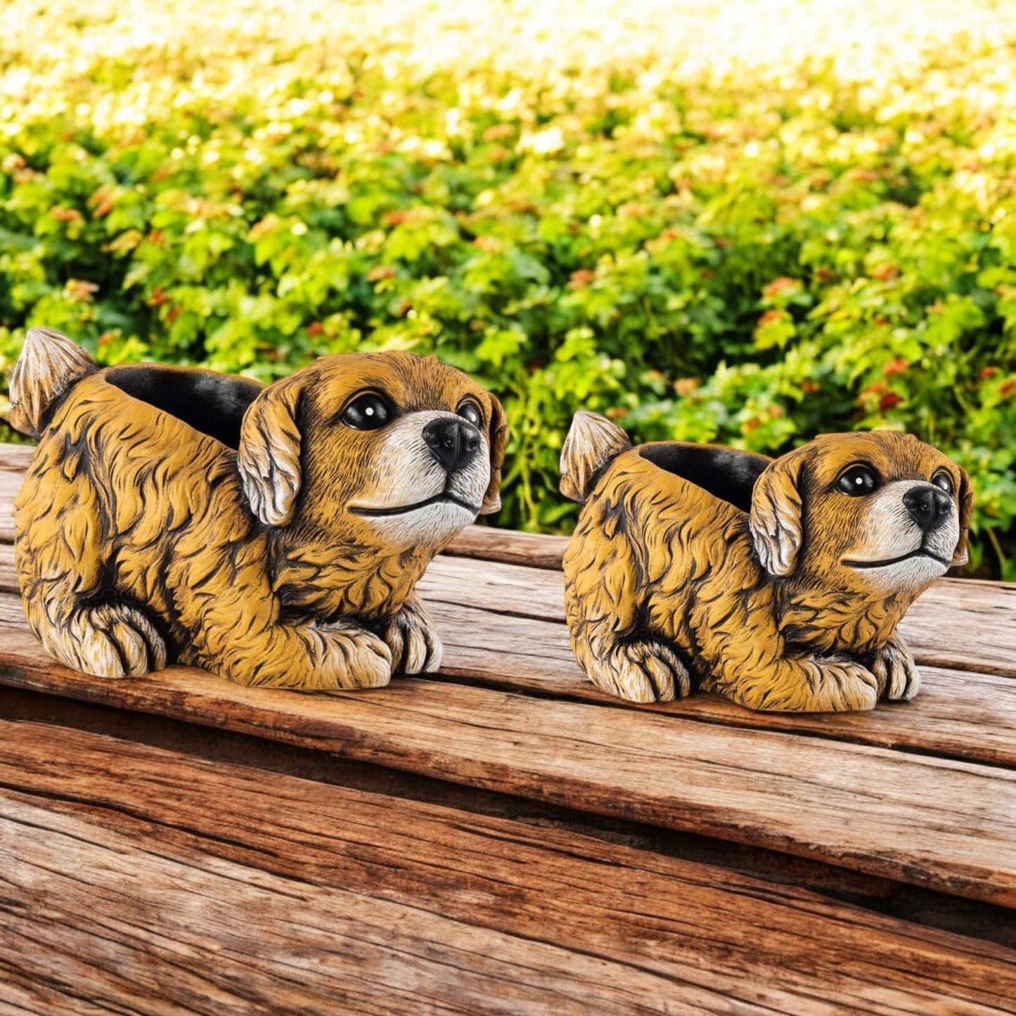 Cement Puppy Dog Planter – Medium, Large or Combo Set – Brown Garden Plant Pot
