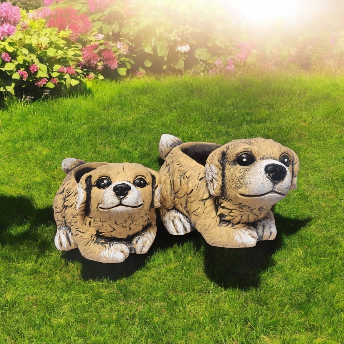 Cement Puppy Dog Planter – Medium, Large or Combo Set – Brown Garden Plant Pot