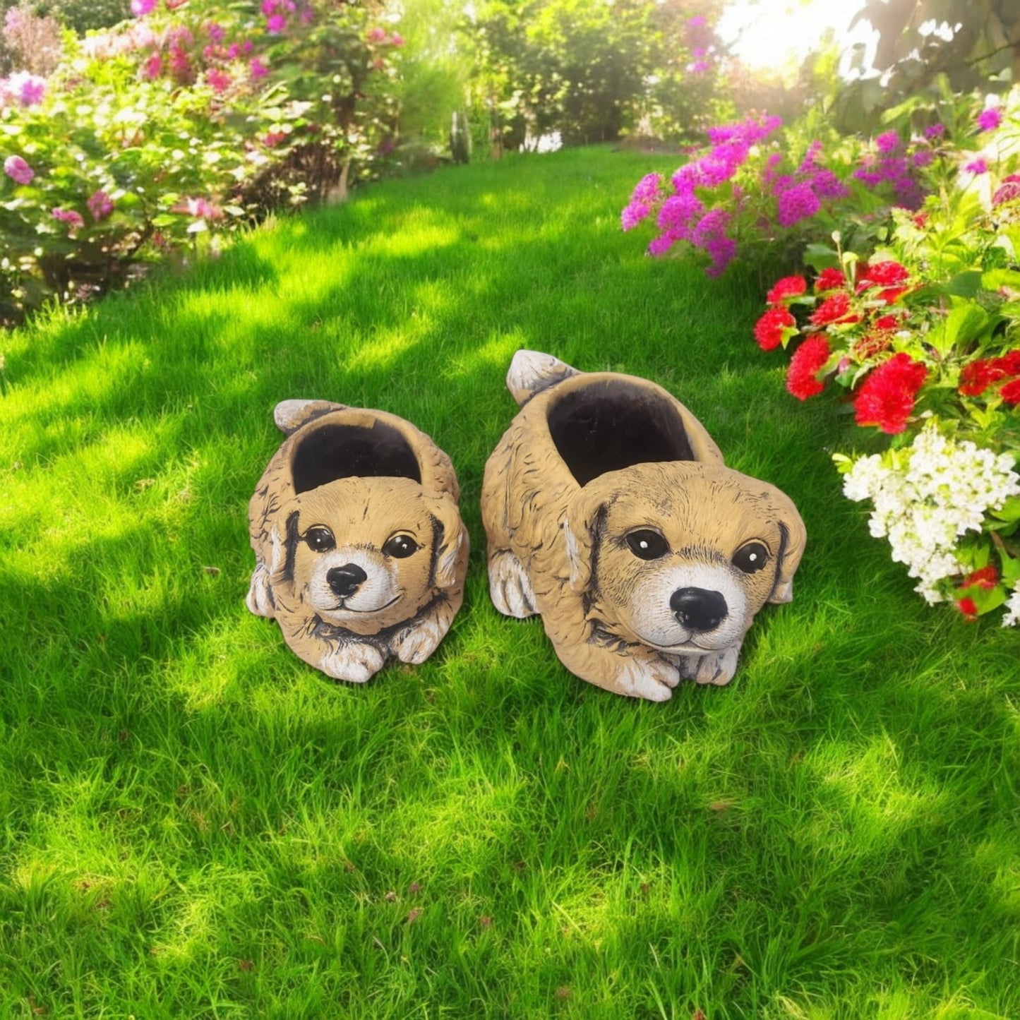 Cement Puppy Dog Planter – Medium, Large or Combo Set – Brown Garden Plant Pot