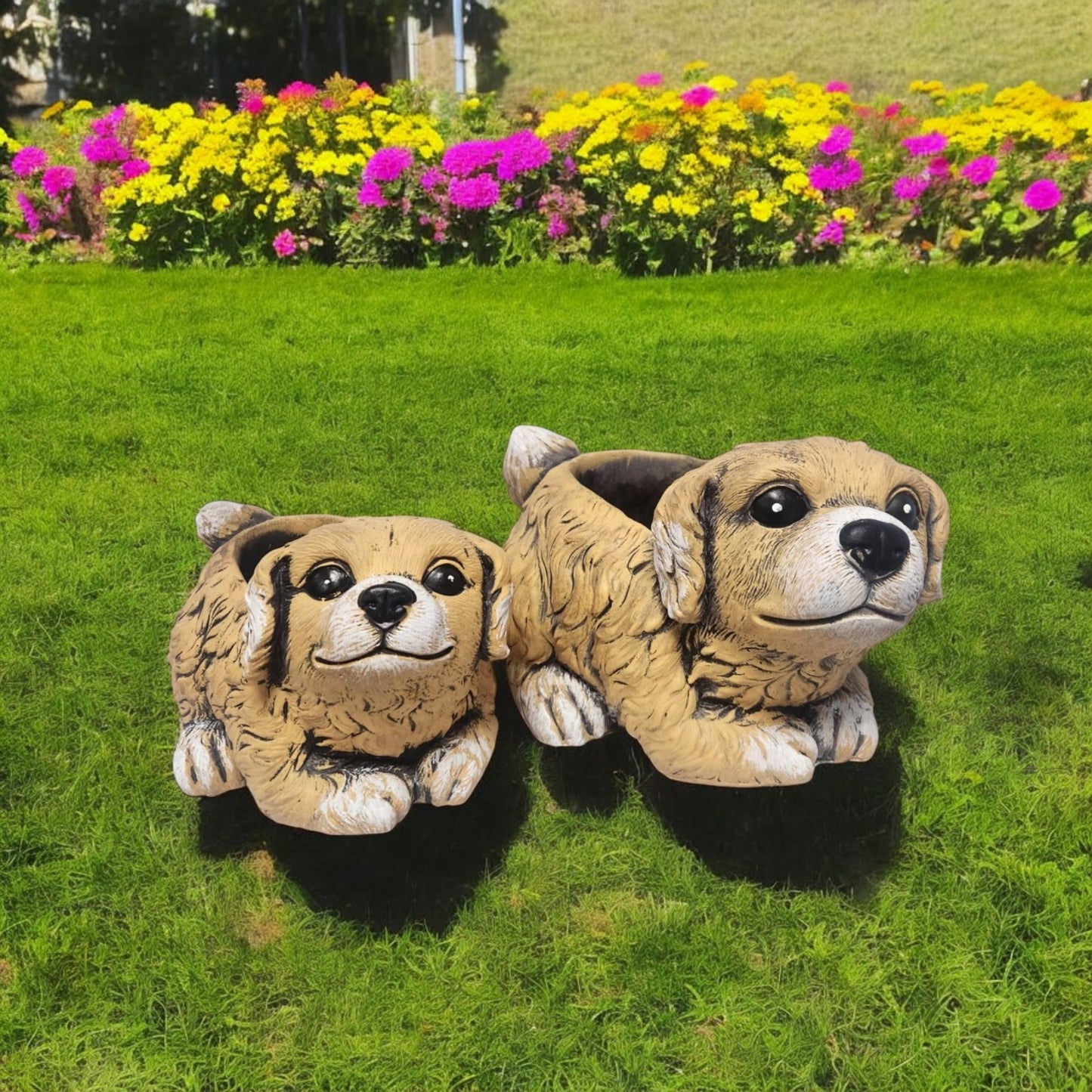 Cement Puppy Dog Planter – Medium, Large or Combo Set – Brown Garden Plant Pot