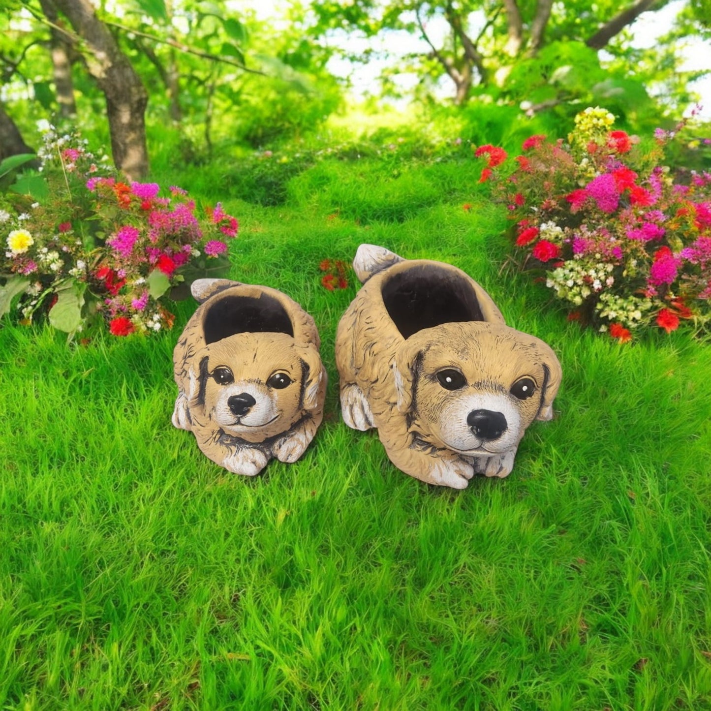 Cement Puppy Dog Planter – Medium, Large or Combo Set – Brown Garden Plant Pot