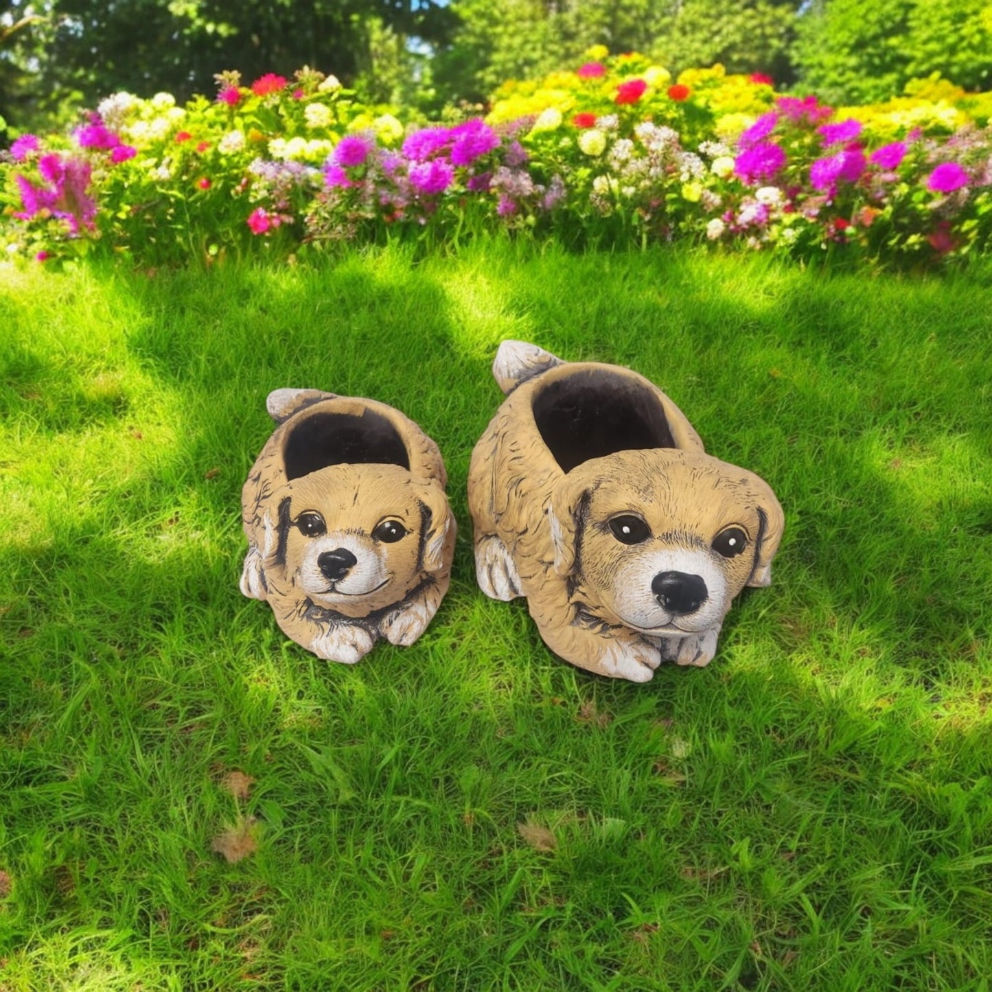 Cement Puppy Dog Planter – Medium, Large or Combo Set – Brown Garden Plant Pot