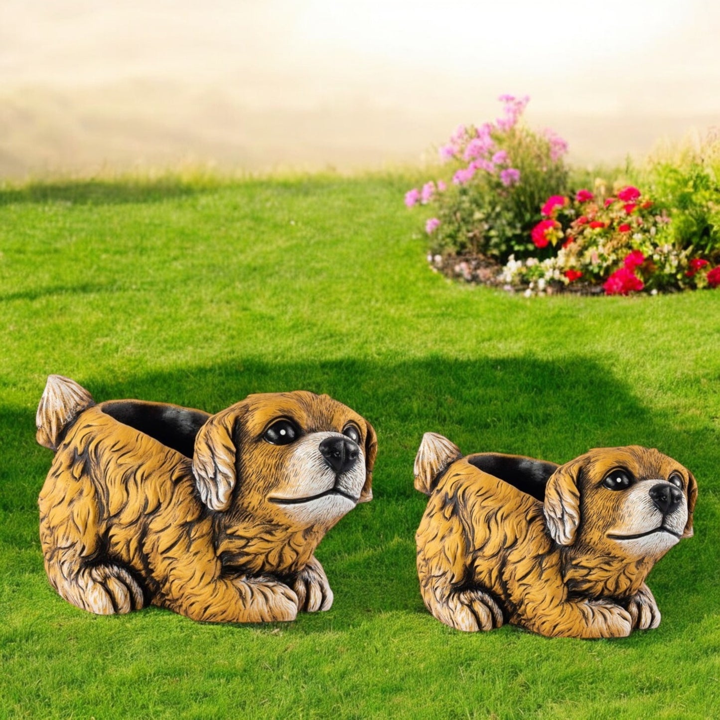 Cement Puppy Dog Planter – Medium, Large or Combo Set – Brown Garden Plant Pot