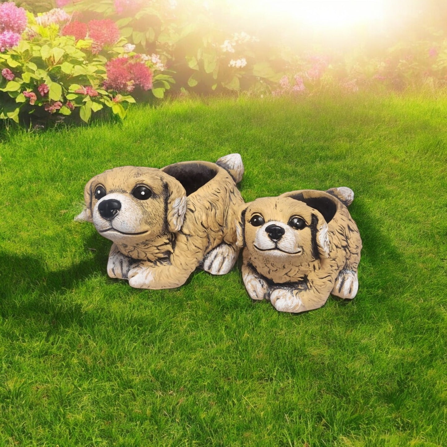 Cement Puppy Dog Planter – Medium, Large or Combo Set – Brown Garden Plant Pot