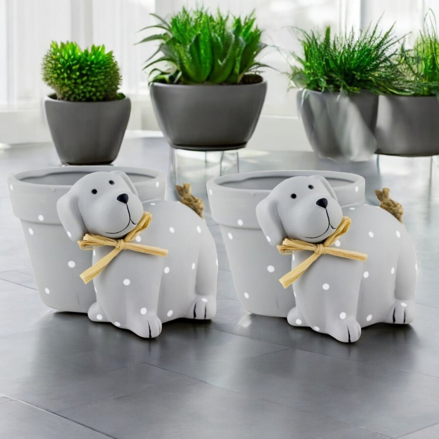 Cute Grey Dog Plant Pot – Polka Dot Resin Planter for Dog Lovers