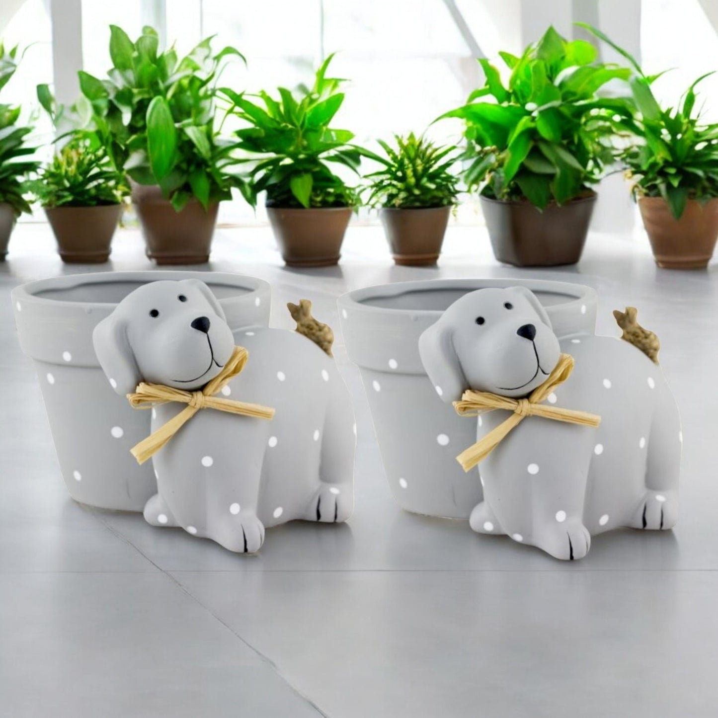 Cute Grey Dog Plant Pot – Polka Dot Resin Planter for Dog Lovers