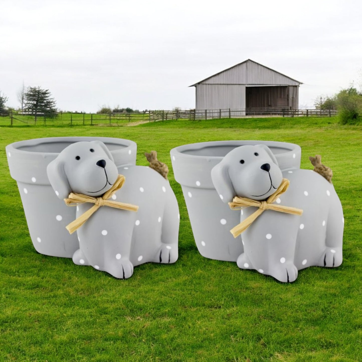 Cute Grey Dog Plant Pot – Polka Dot Resin Planter for Dog Lovers