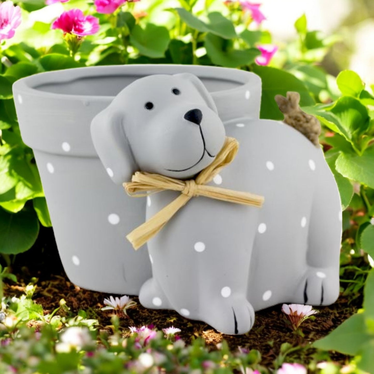 Cute Grey Dog Plant Pot – Polka Dot Resin Planter for Dog Lovers