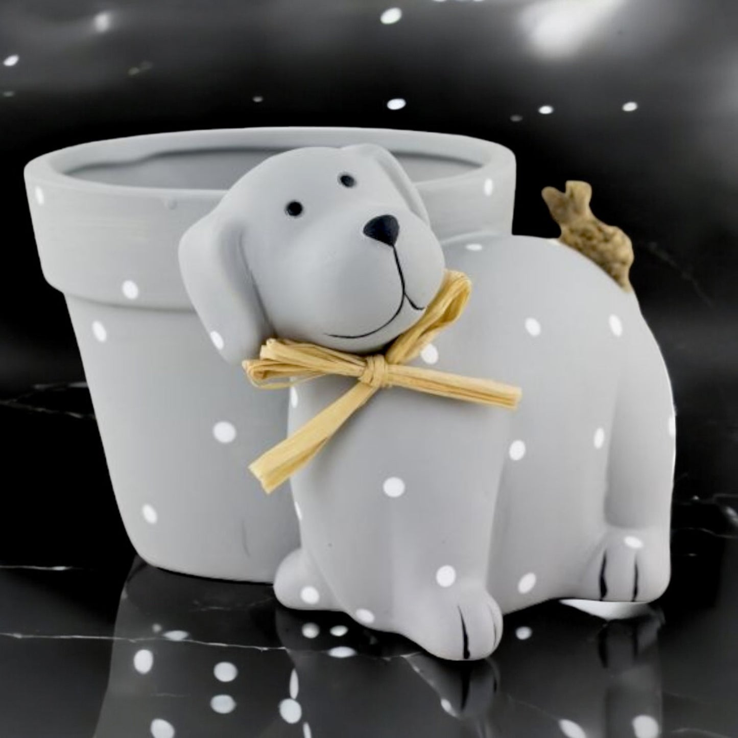Cute Grey Dog Plant Pot – Polka Dot Resin Planter for Dog Lovers